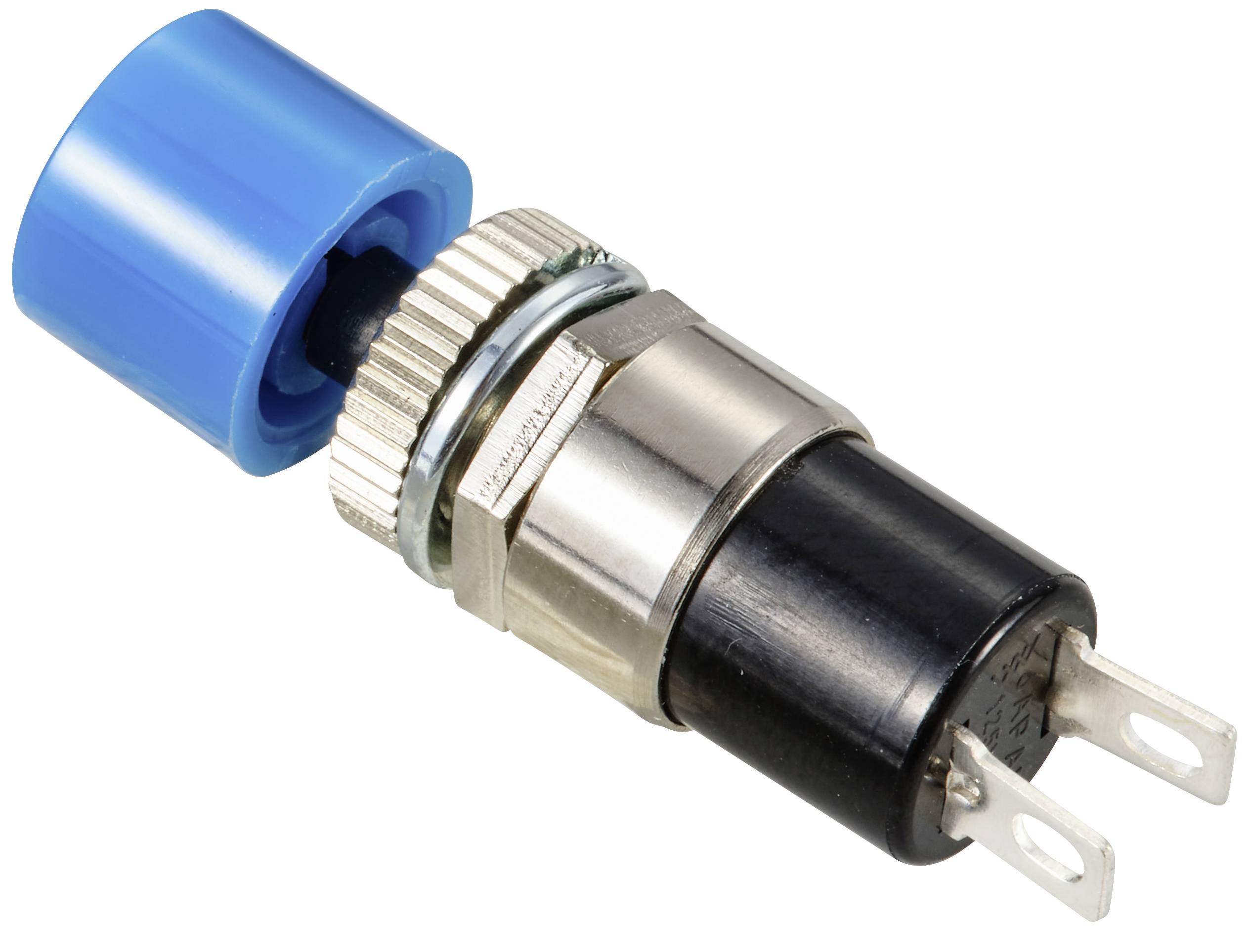 Un interrupteur à bouton-poussoir bleu avec boîtier métallique et trois bornes de connexion. Adapté aux applications électroniques.