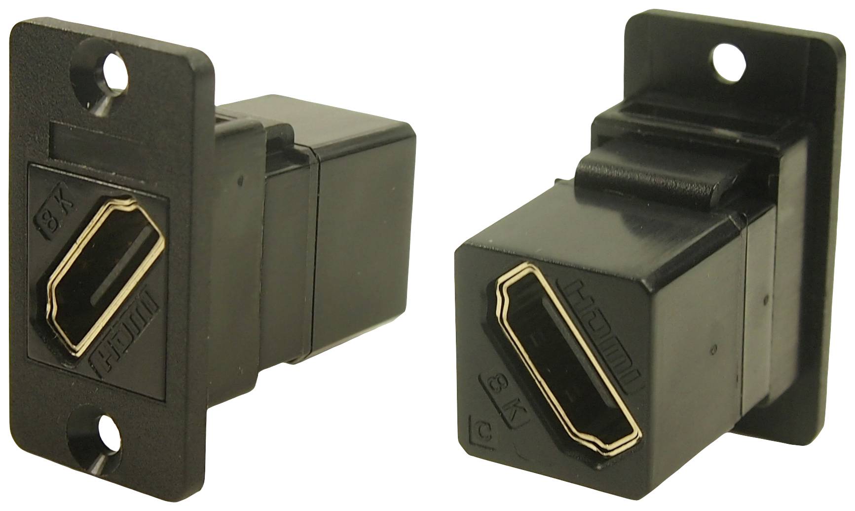 Deux adaptateurs de ports HDMI noirs, l'un vu de face à gauche et l'autre vu de côté à droite, chacun avec des plaques de montage.