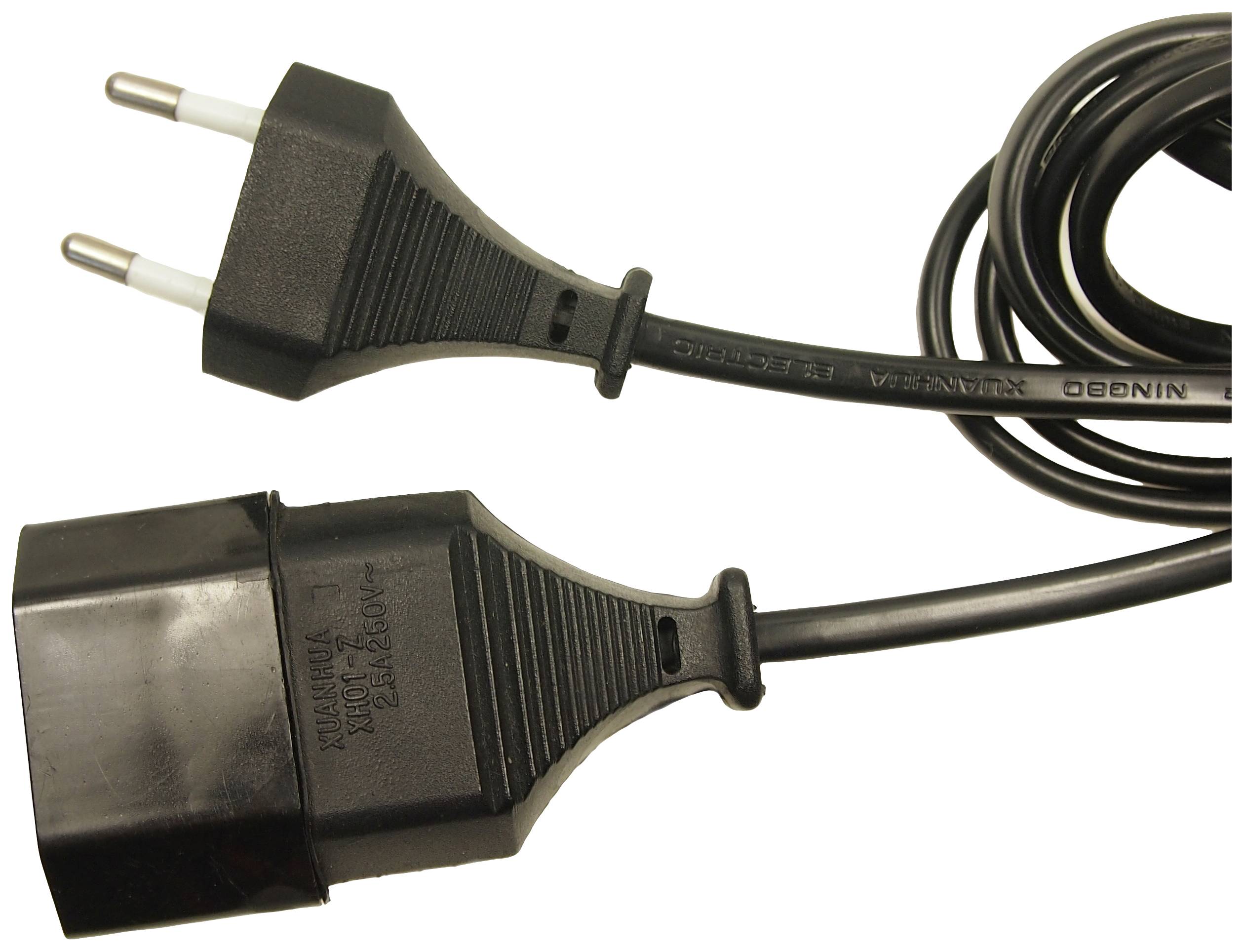 Câble électrique noir avec fiche bipolaire et adaptateur de connexion rectangulaire. Adapté aux prises électriques européennes.