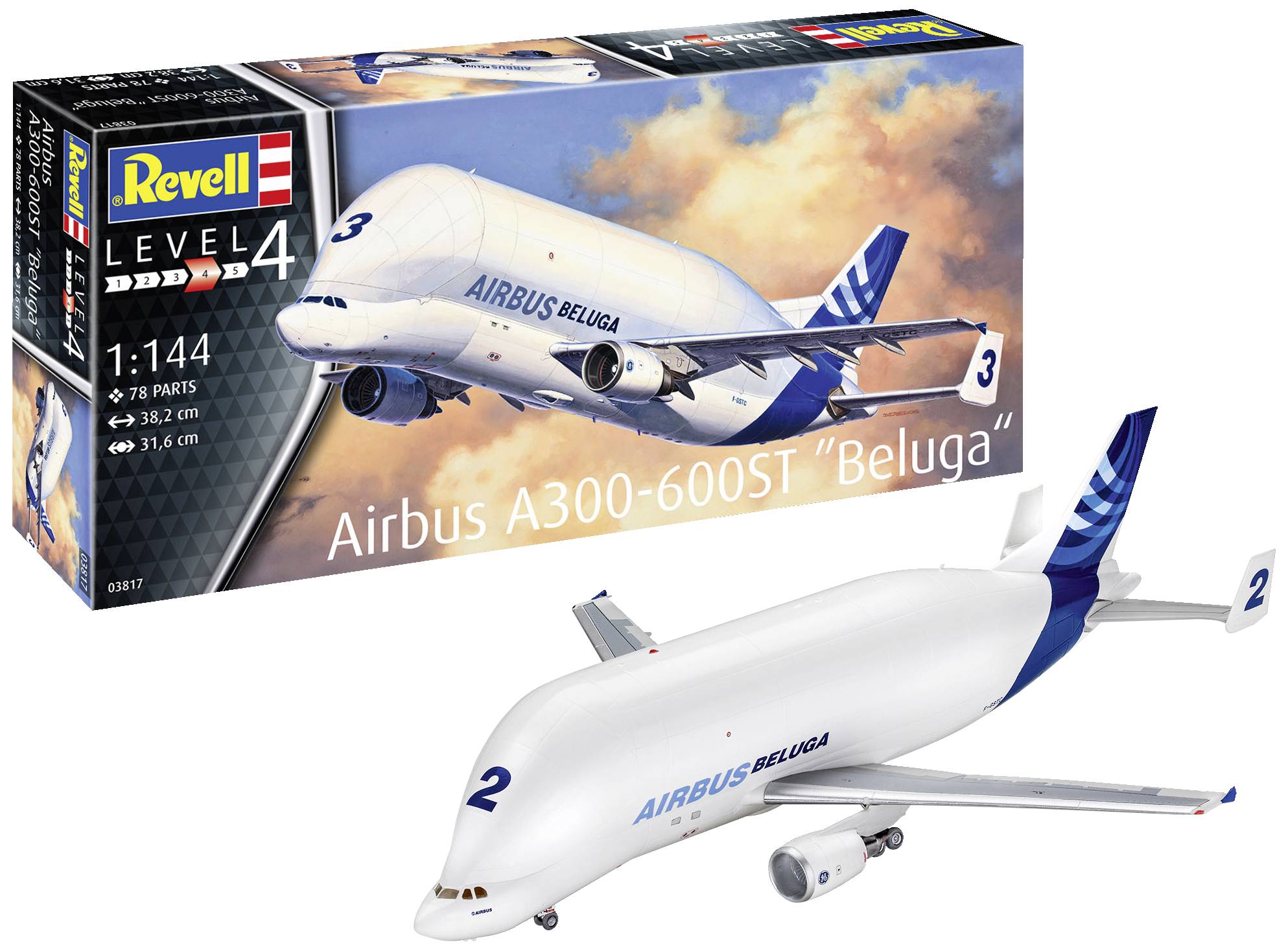 Kit Revell de l'Airbus A300-600ST Beluga, échelle 1:144, 78 pièces. Montre un modèle d'avion peint devant un fond de nuages.