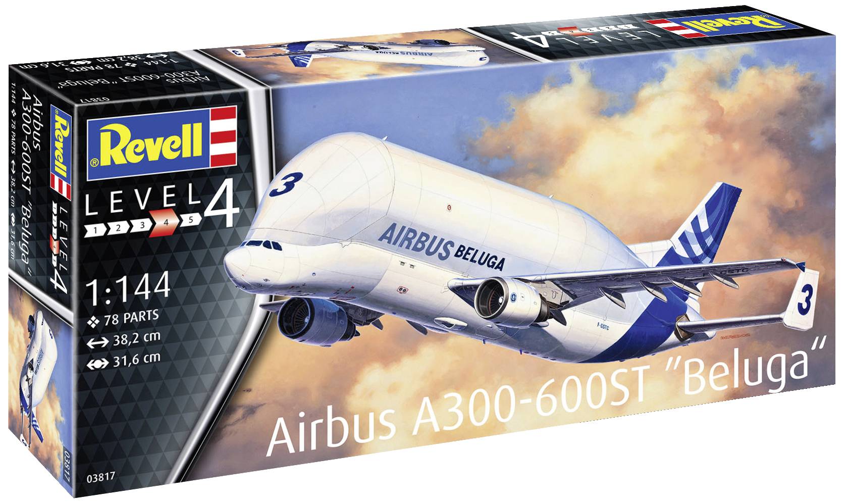 Maquette d'un 'Airbus A300-600ST Beluga' par Revell, niveau de difficulté 4, échelle 1:144. L'emballage présente l'avion en vol.
