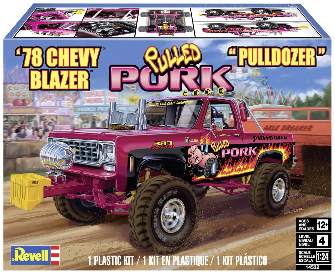 Kit de modèle réduit de voiture « Pulled Pork Pulldozer » : Un Chevy Blazer rose de 1978 dans le style Monster Truck, avec un design de cochon spectaculaire sur l'emballage.