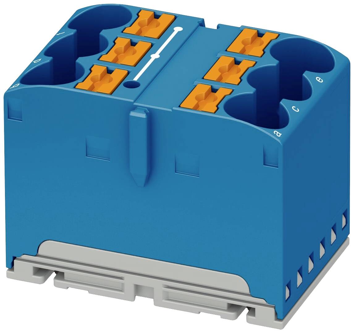 Un bloc de connexion électrique rectangulaire bleu avec des bornes orange, adapté pour le raccordement simple des câbles.