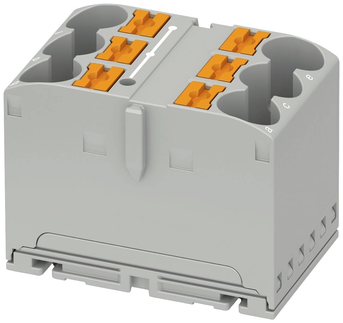 Connecteur électrique gris avec six bornes à levier orange, adapté pour la connexion simple des fils.