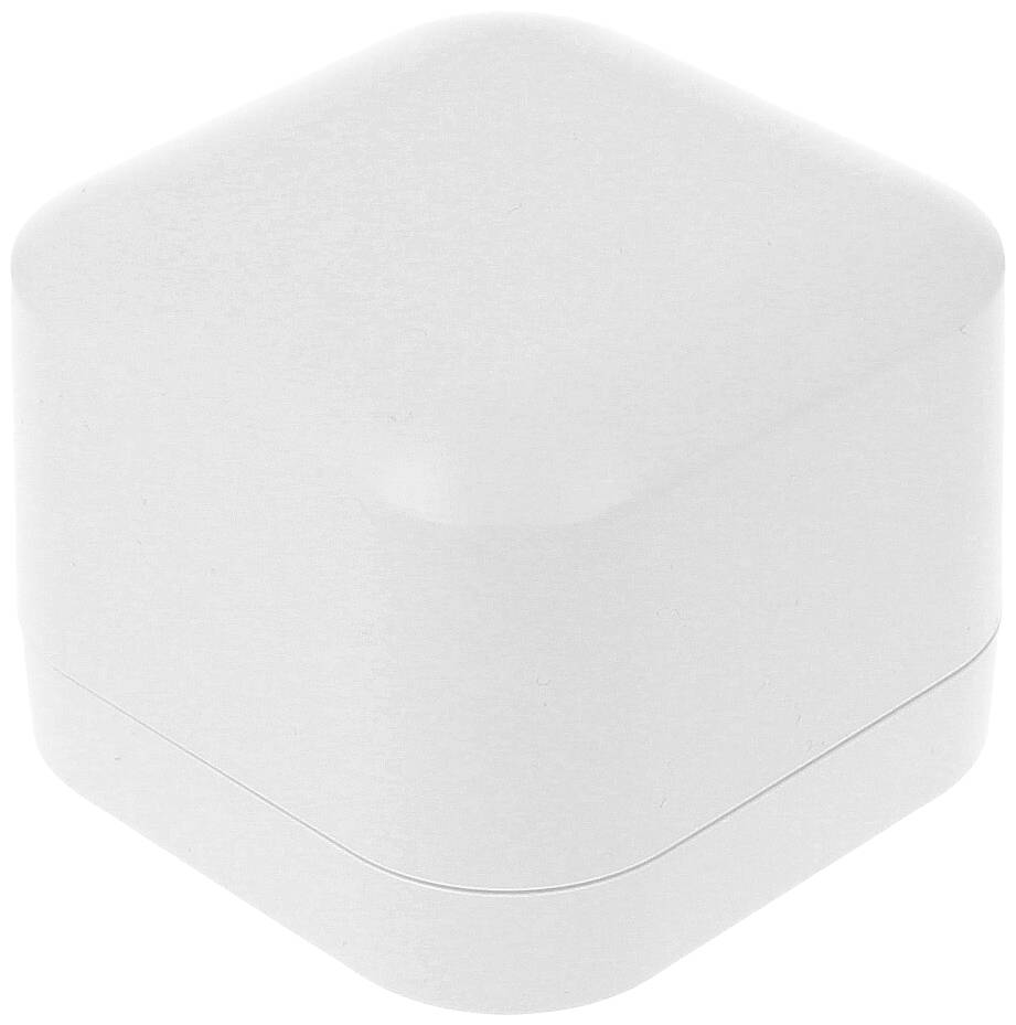 Récipient simple, blanc, cubique aux bords arrondis.
