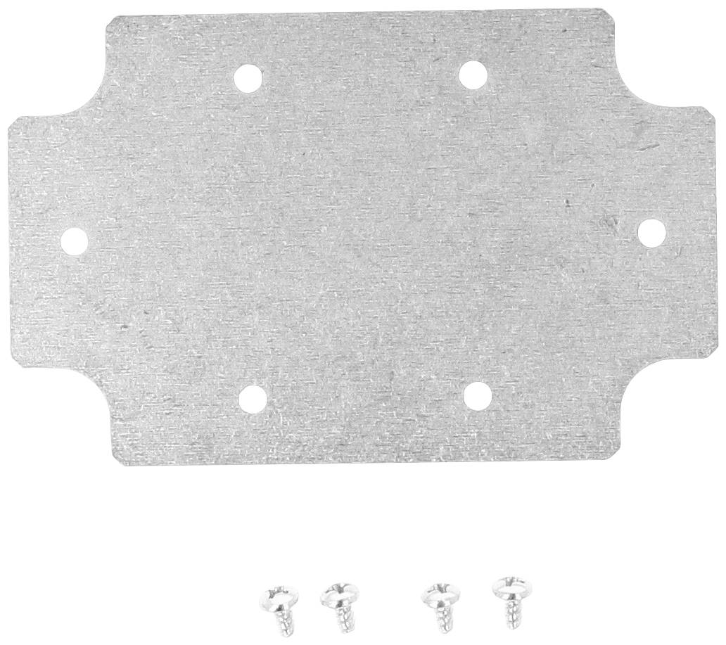 Plaque métallique avec six trous, de forme rectangulaire, posée à plat. Dessous, trois vis alignées.