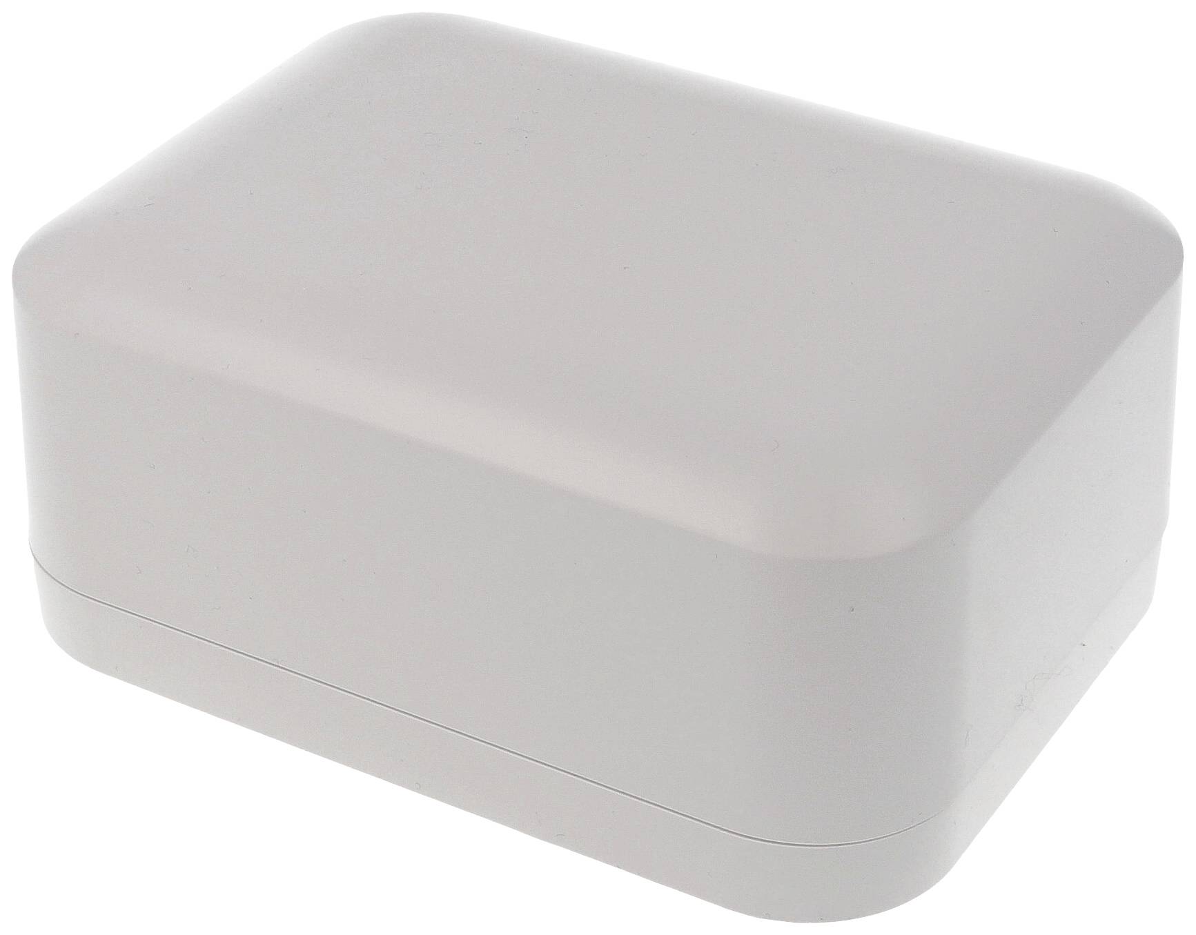 Boîte en plastique grise, rectangulaire, avec des coins arrondis et un couvercle fermé, sur fond blanc.