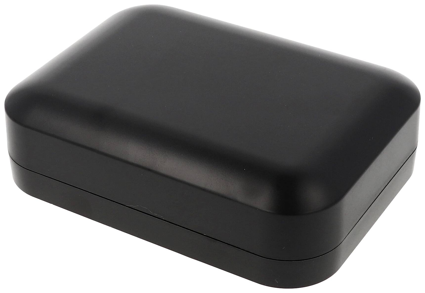 Étui noir, rectangulaire aux coins arrondis, représenté fermé.