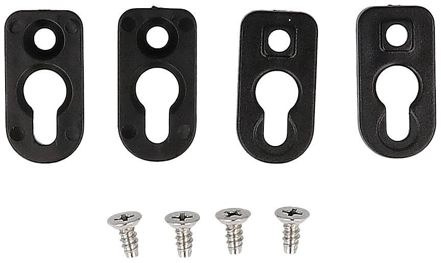 Quatre supports muraux noirs et quatre vis argentées pour le montage, disposés uniformément côte à côte.