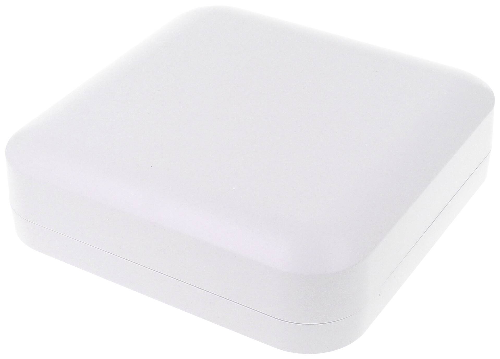 Boîte carrée blanche avec des coins arrondis, fermée et au design simple, sur un fond blanc.