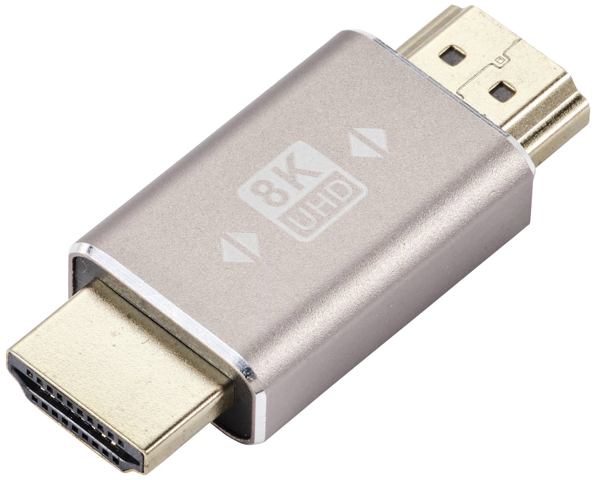 Un adaptateur HDMI portant l'inscription '8K UHD', permettant de connecter des écrans haute résolution.