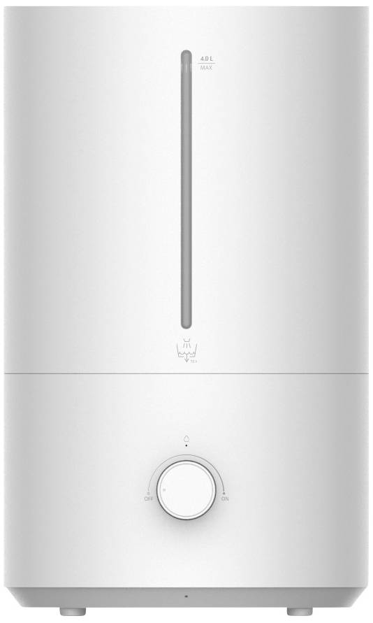 'Humidificateur blanc avec un bouton rotatif rond sur la face avant pour contrôler l'humidité. Design élancé et minimaliste.'