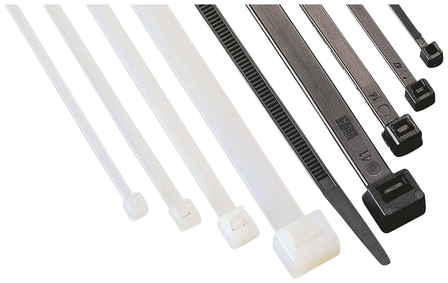Plusieurs attaches-câbles de différentes tailles et couleurs, allant du petit blanc au grand noir, sont disposées côte à côte.