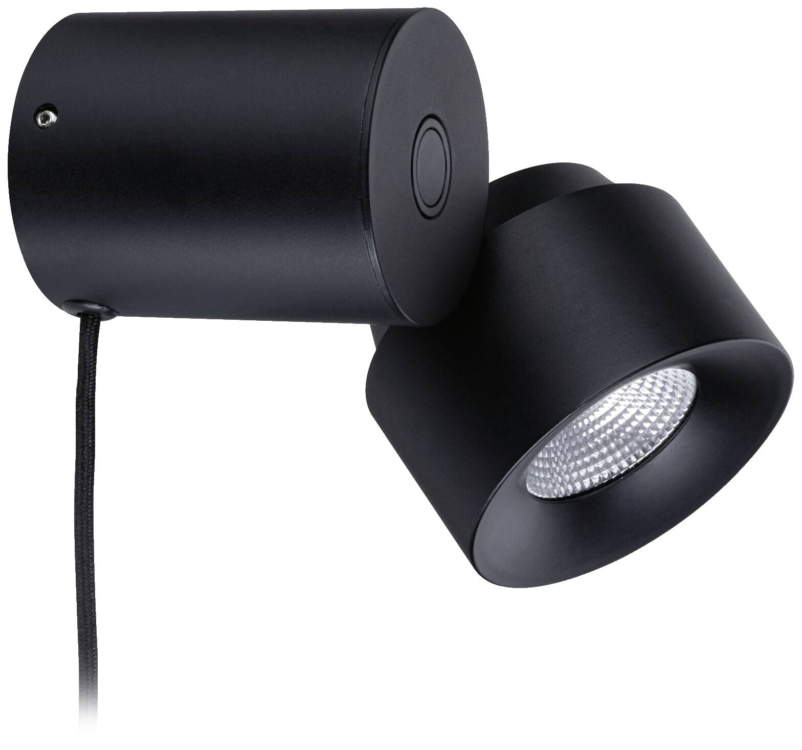 Applique murale cylindrique noire avec une tête ajustable. Elle présente un design moderne et un éclairage LED apparent.