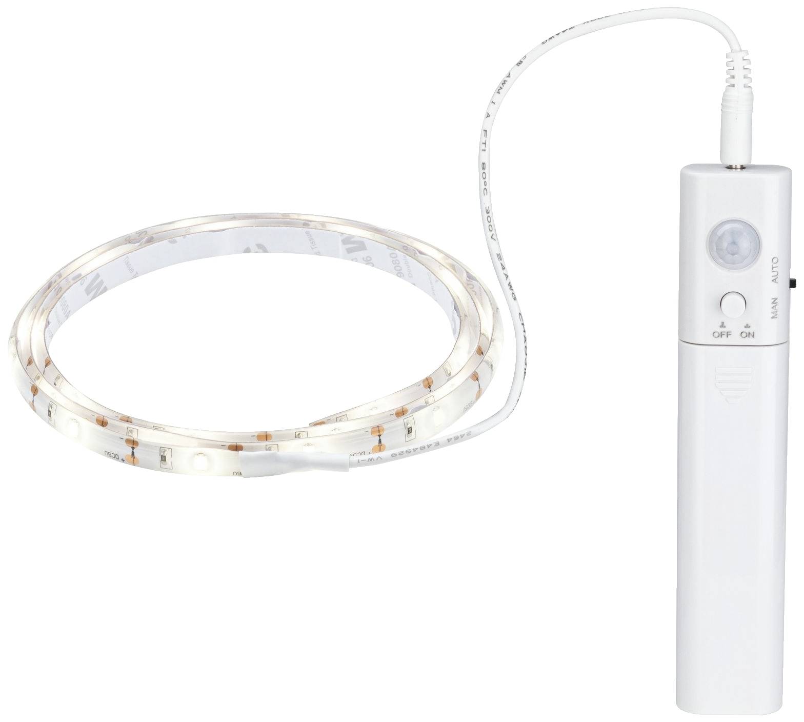 Bande lumineuse LED avec boîtier en plastique blanc et système de commande, reliés par un câble. Interrupteur marche/arrêt et capteur de mouvement visibles.
