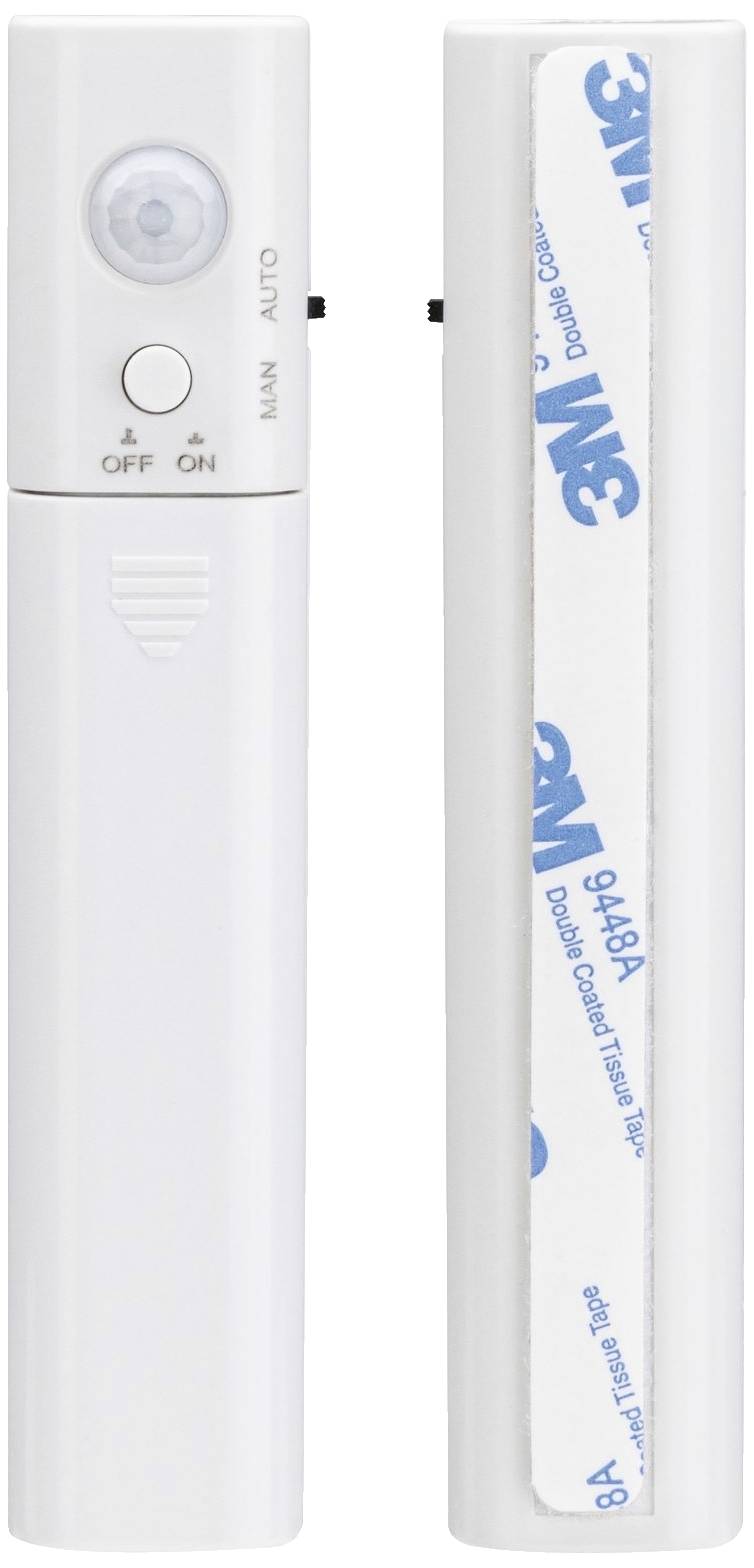 Deux appareils blancs en plastique : à gauche avec un interrupteur sur 'Arrêt', 'Marche' et 'Auto' ; à droite avec des bandes adhésives 3M pour la fixation.