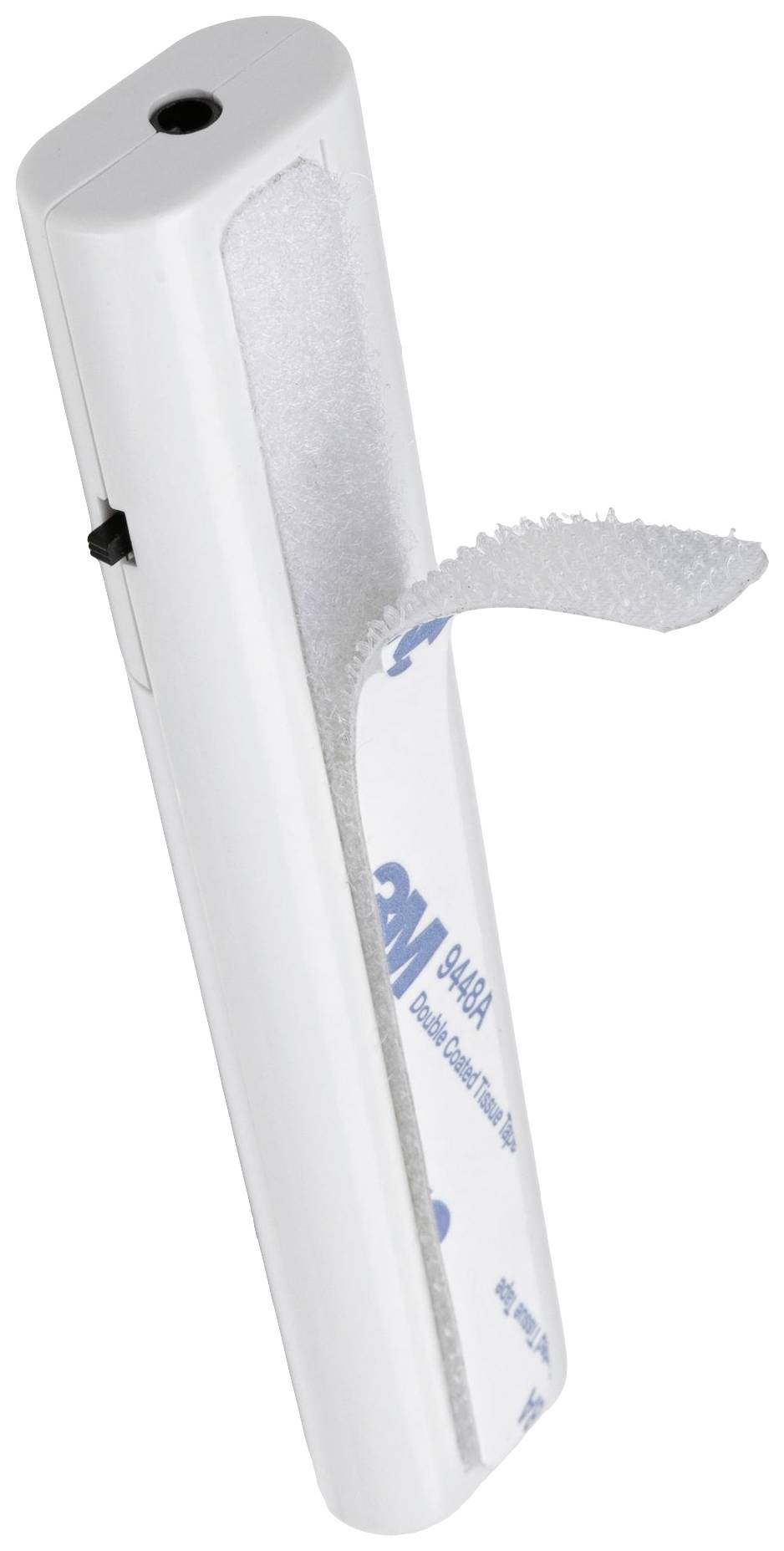 Clip en plastique blanc avec fermeture velcro, un interrupteur sur la gauche.