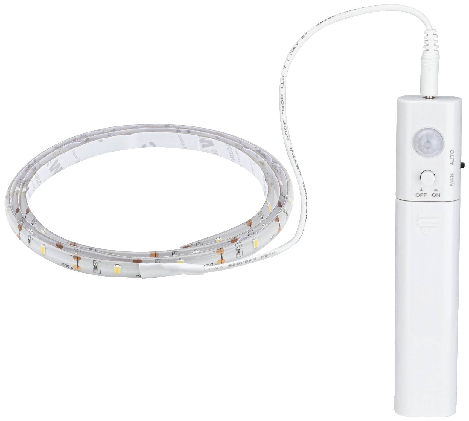 Une bande lumineuse LED avec détecteur de mouvement activé et télécommande, prête à être installée.