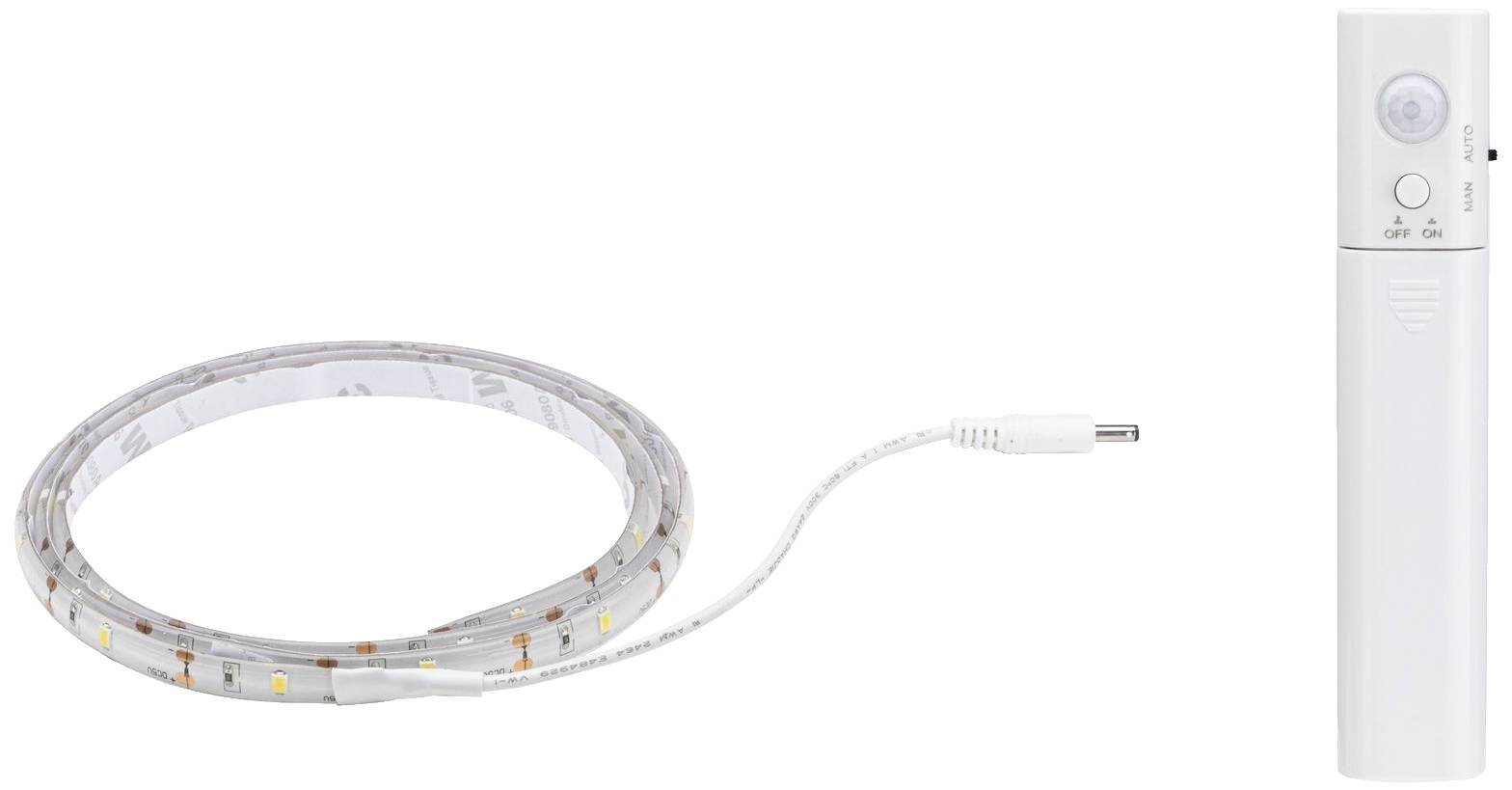 Bande lumineuse LED avec détecteur de mouvement et interrupteur ; flexible, blanche, pour éclairage intérieur ; câble de connexion inclus.