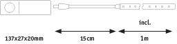 Le diagramme montre un composant électrique : un boîtier de 137x27x20 mm avec un câble de 1,15 m, dont 15 cm sont situés avant le câble principal.