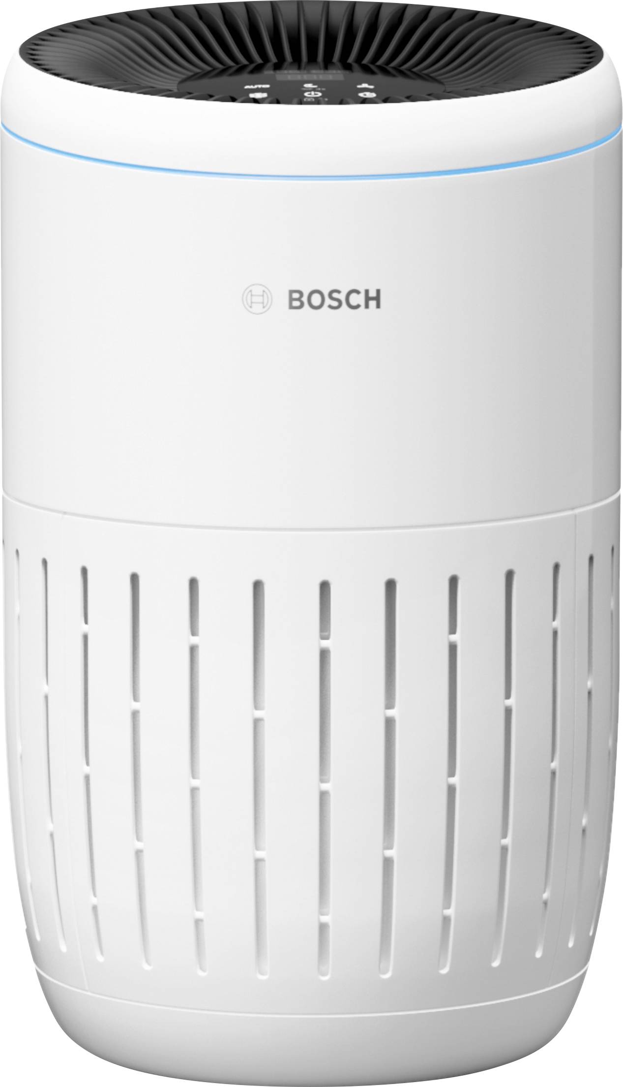 Un purificateur d'air blanc et cylindrique de Bosch, avec des fentes de ventilation et un logo de marque au centre.