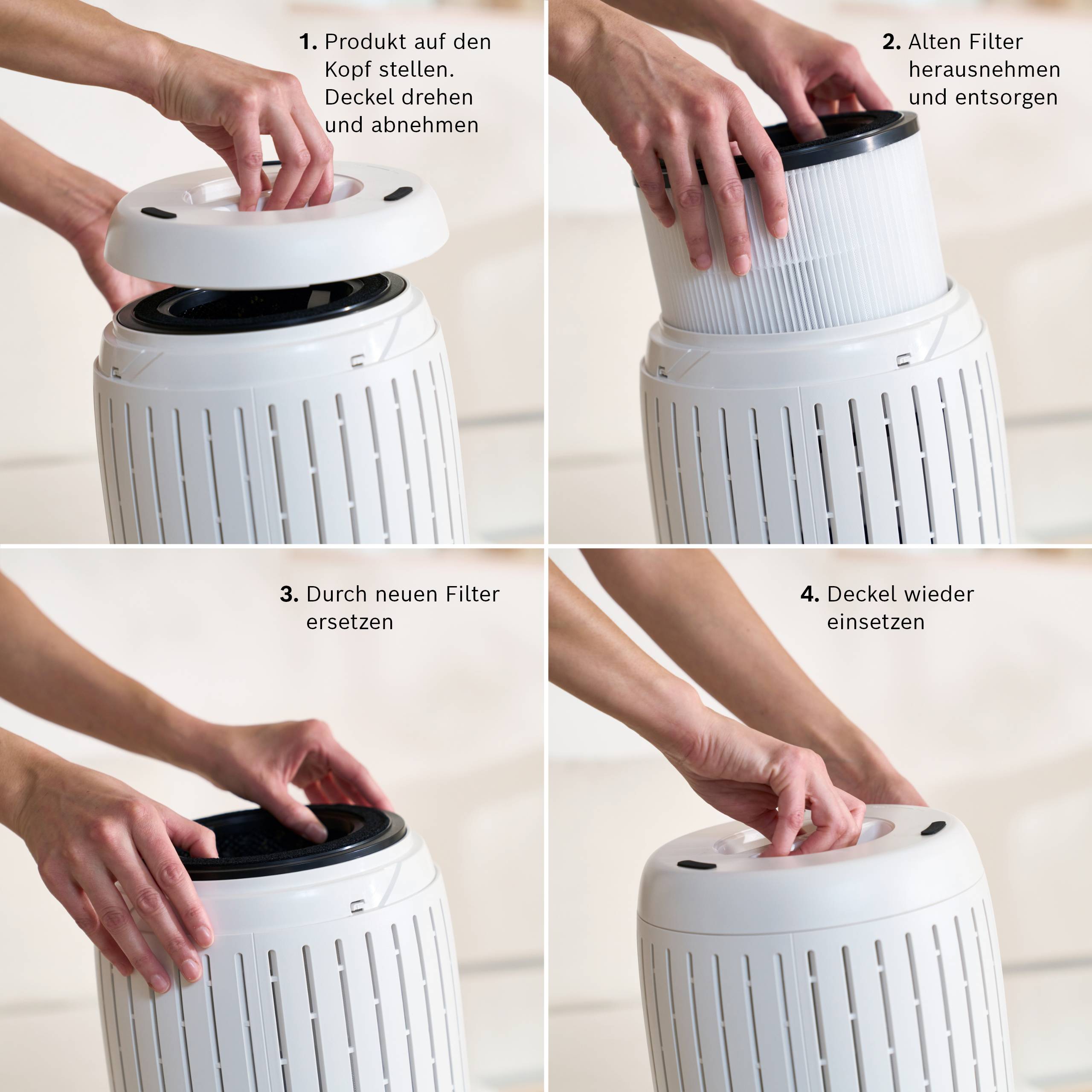 Guide illustré pour le changement de filtre d'un purificateur d'air en quatre étapes : 1. Retirer le couvercle, 2. Enlever l'ancien filtre, 3. Insérer le nouveau filtre, 4. Refermer le couvercle.