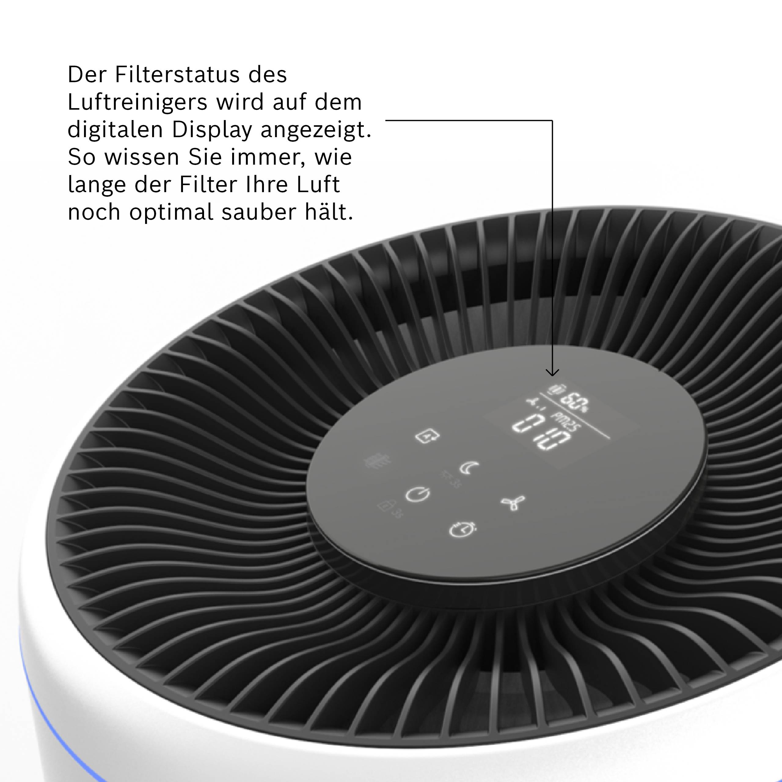 Purificateur d'air avec affichage numérique indiquant l'état du filtre. Texte : 'Vous saurez toujours à quel point vos filtres maintiennent votre air propre.'