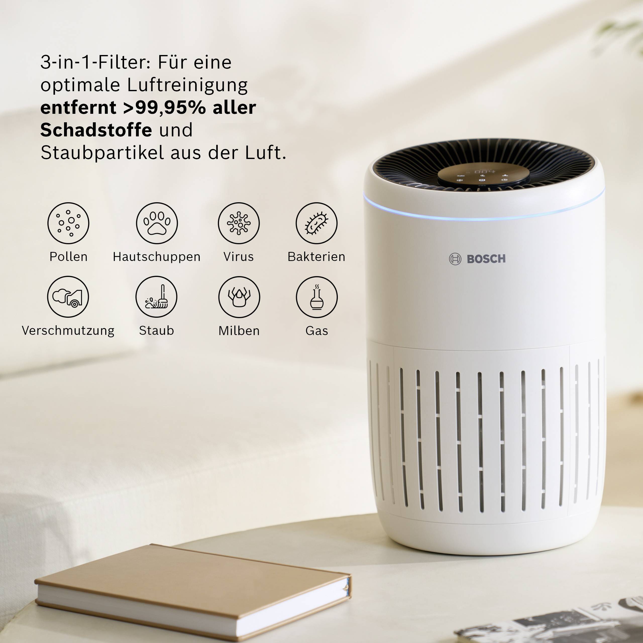 'Purificateur d'air Bosch avec filtre 3-en-1, élimine plus de 99,95% des polluants, combat les pollens, les virus, les bactéries et les odeurs.'
