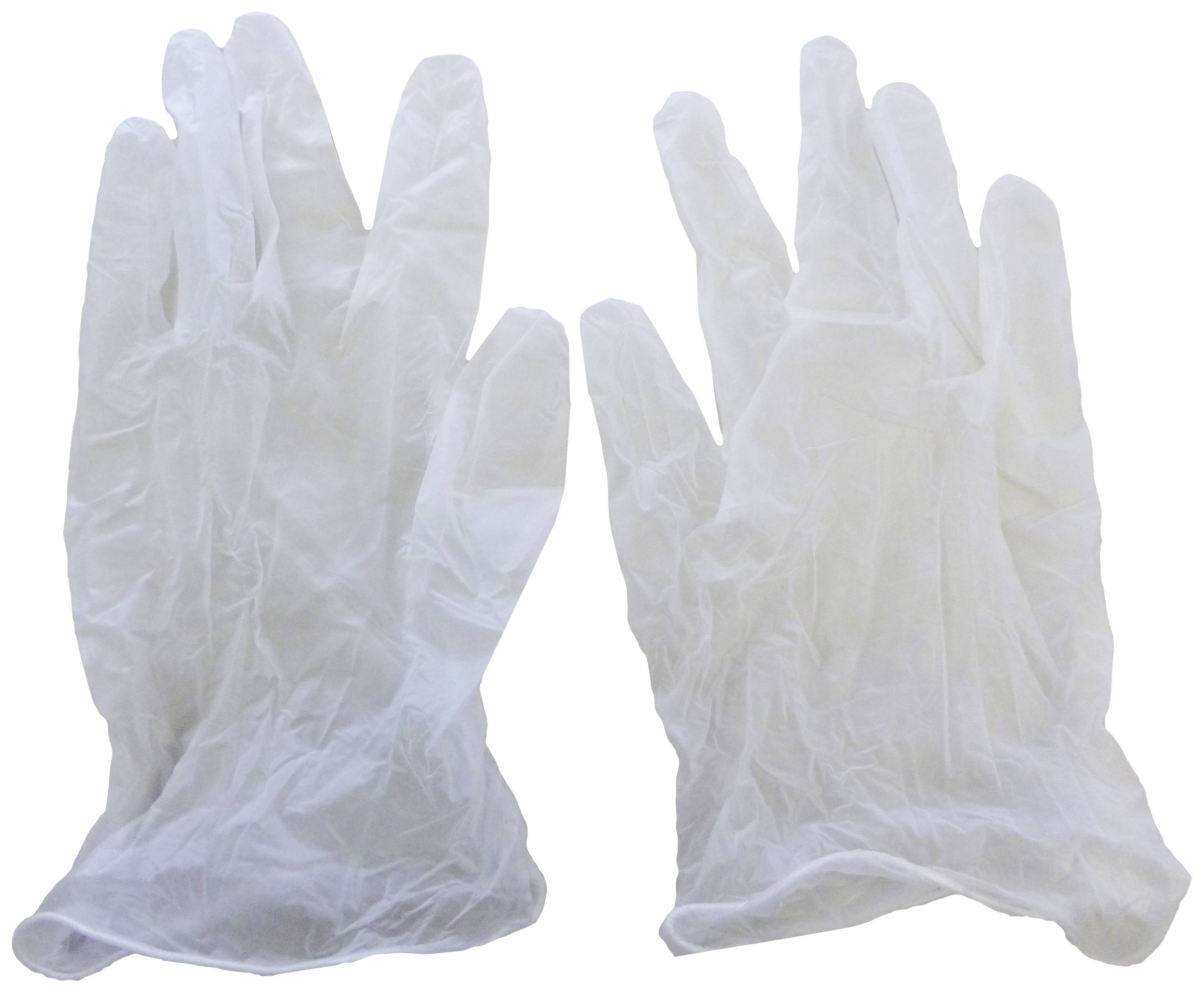 Une paire de gants jetables transparents en plastique, posés côte à côte.