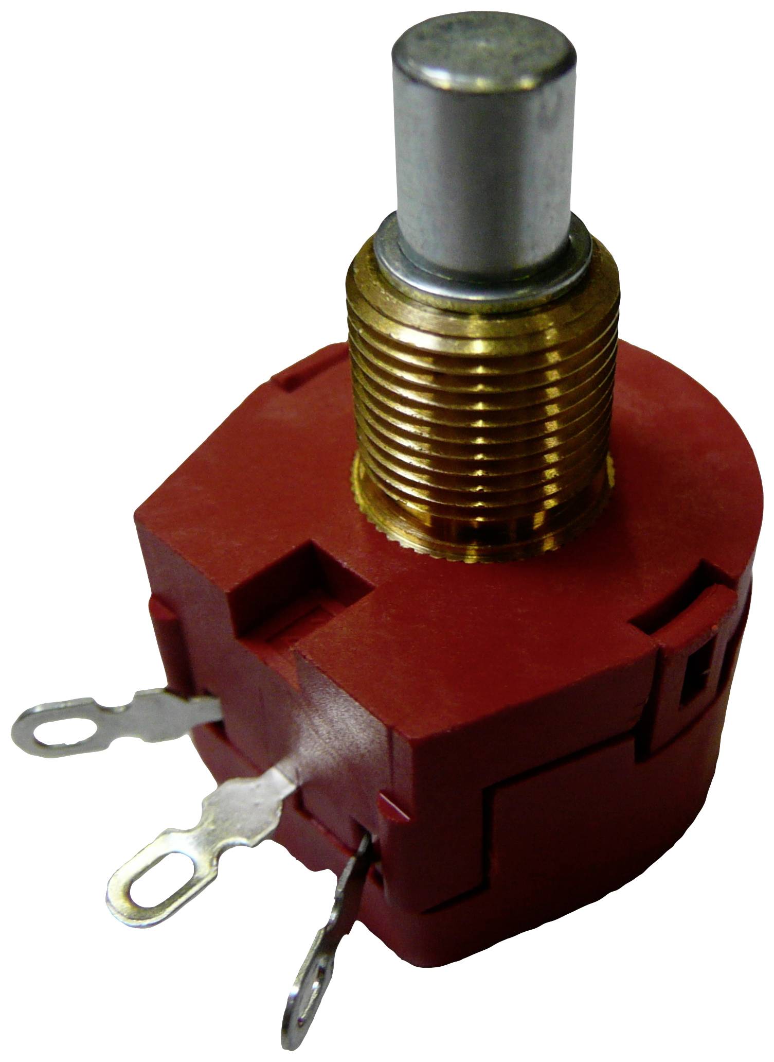 Commutateur rotatif rouge avec trois contacts métalliques, adapté pour les appareils électroniques destinés à contrôler différentes fonctions.