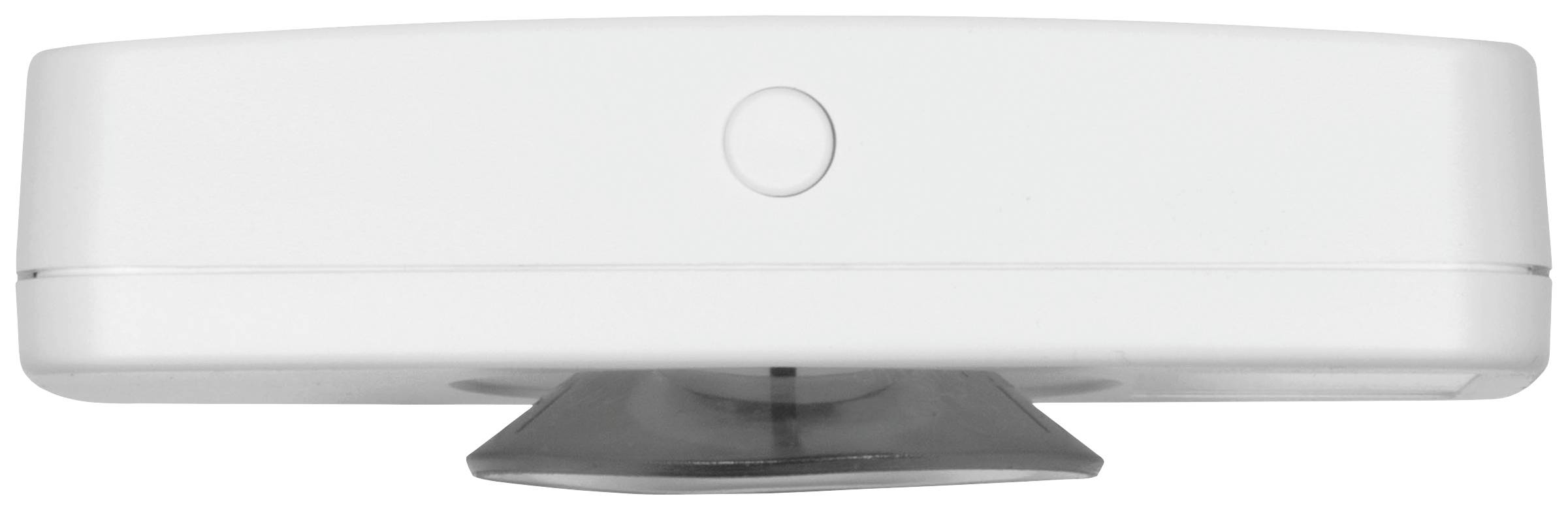 Un appareil rectangulaire blanc avec un bouton rond sur le dessus, monté sur un support sombre.