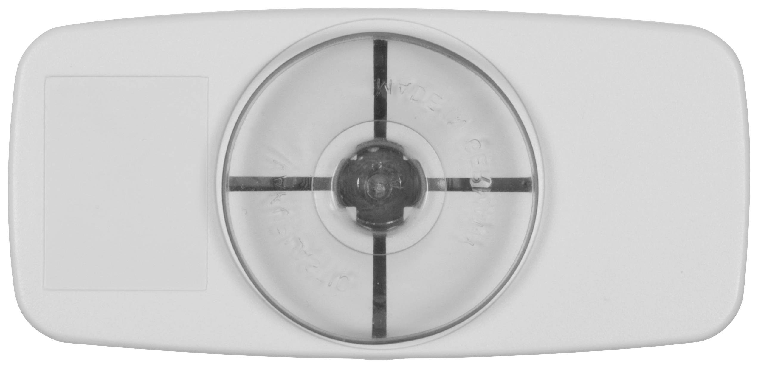 Un dispositif rectangulaire, possiblement un appareil de mesure ou un capteur, doté d'une lentille ou d'une ouverture centrale et de marquages en forme de croix.