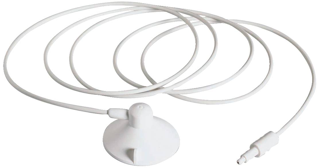 Un câble blanc spiralé avec une ventouse ronde et une fiche à l'extrémité, adapté aux appareils électroniques ou à des fins de chargement.