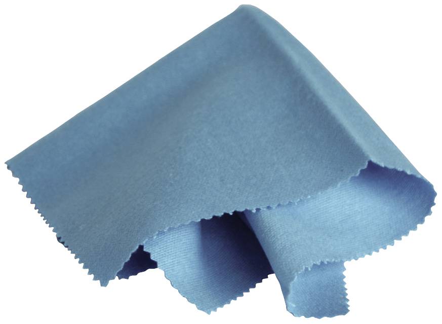 Un chiffon de nettoyage bleu aux bords dentelés est plié sur une surface blanche.