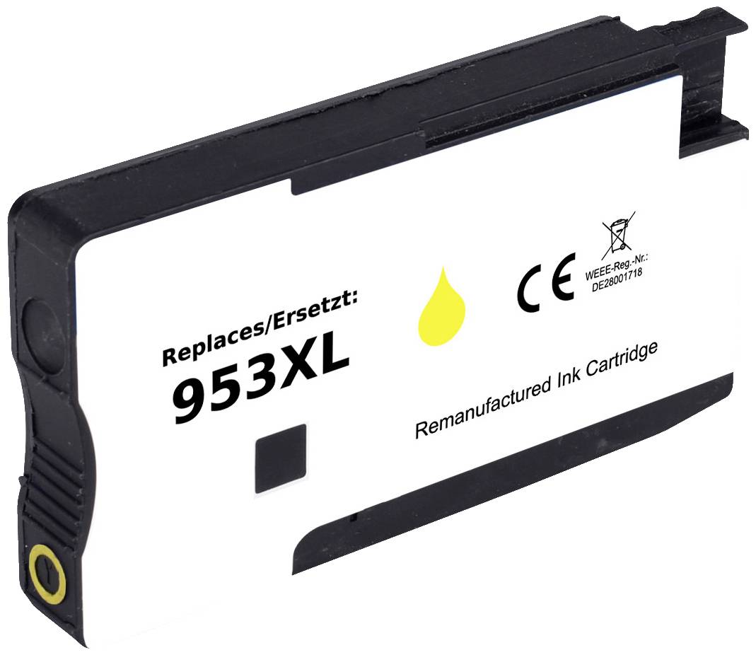 Cartouche d'encre noire portant l'inscription « Remplacer : 953XL », avec un symbole de goutte jaune et les symboles CE, numéro d'enregistrement DEEE DE2697118.