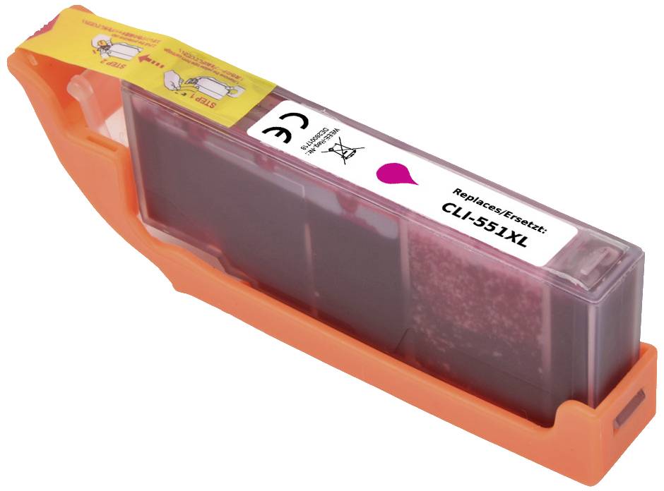 Cartouche d'encre en orange et transparent, compatible avec CLI-551XL. Affiche 'Replace/Remplacé : CLI-551XL' et avertissements.