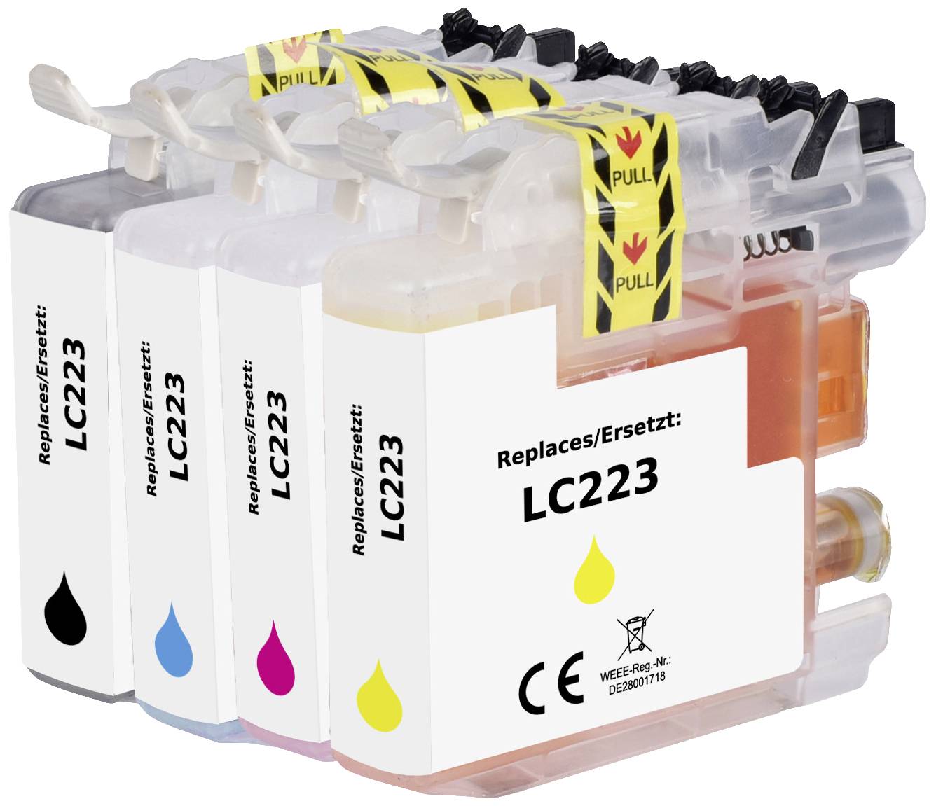 Quatre cartouches d'encre en noir, cyan, magenta et jaune, étiquetées « Replaces/Ersetzt : LC223 », avec marquage CE.