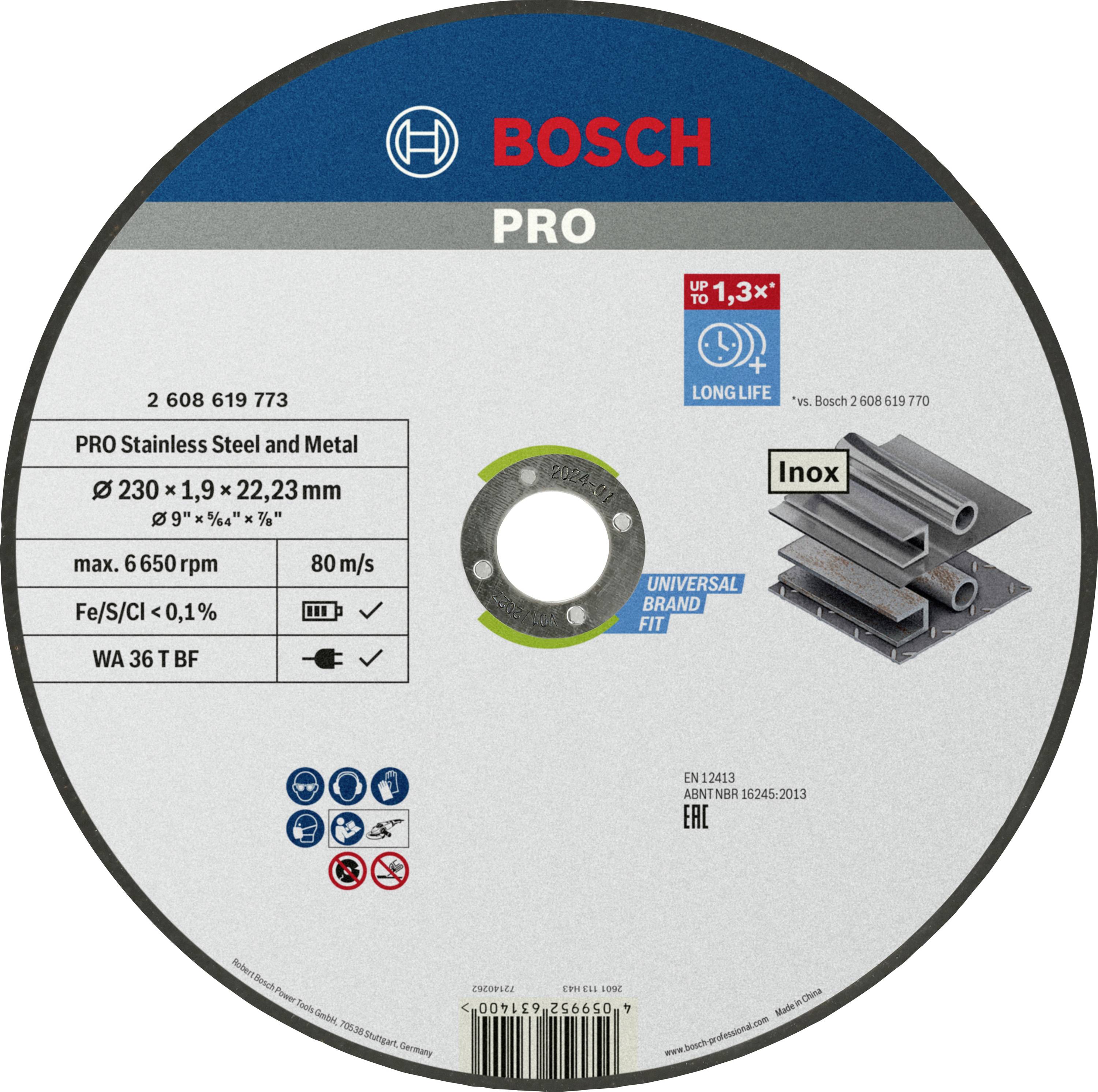 Disque de meulage Bosch pour acier inoxydable et métal. Diamètre 230 mm, épaisseur 1,9 mm. Haute vitesse jusqu'à 6500 tr/min.