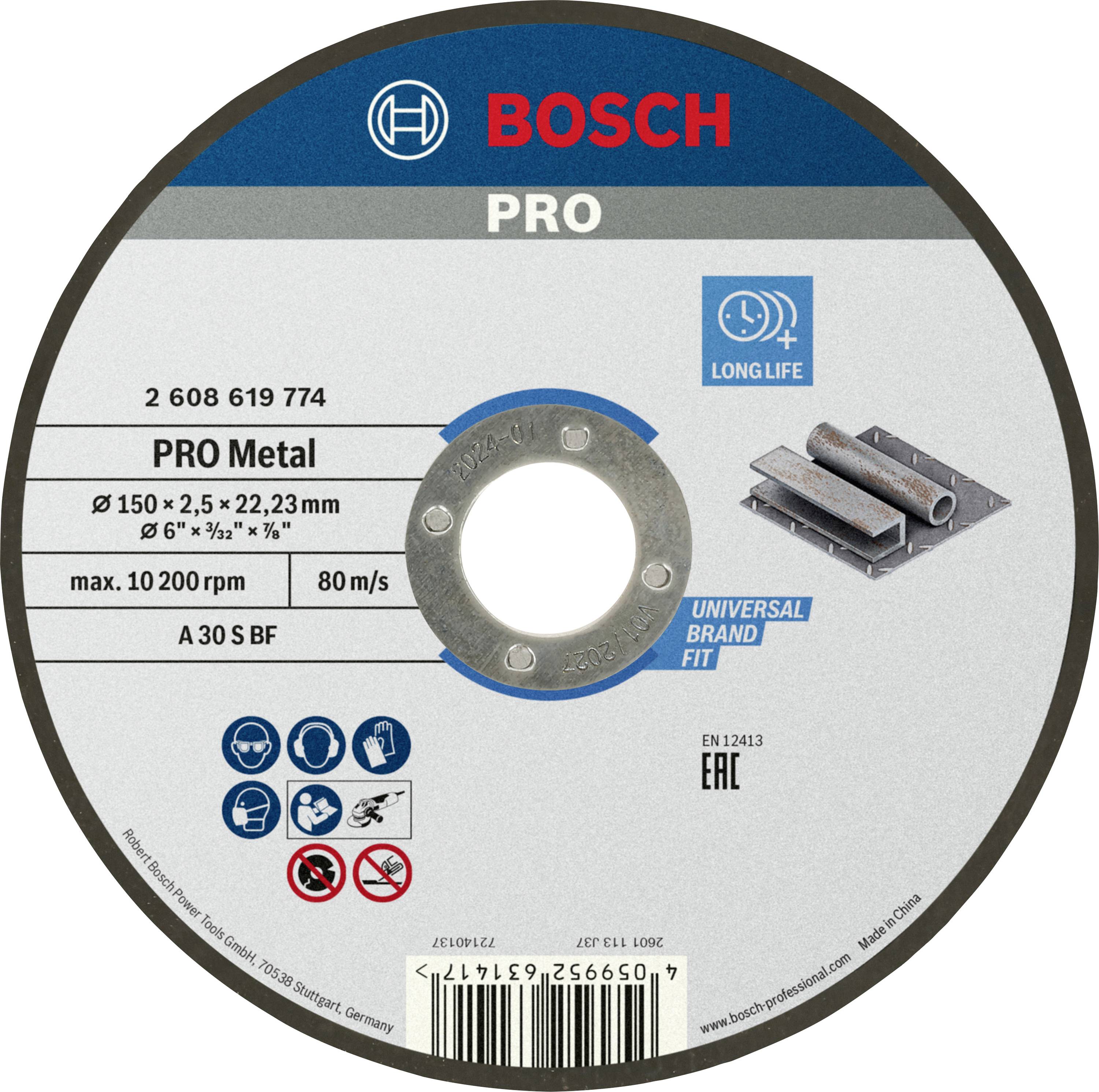 Disque de tronçonnage 'BOSCH PRO Metal' pour travail des métaux, 150x2,5x22,23 mm, vitesse max. 10.200 tr/min, pour meuleuse d'angle.