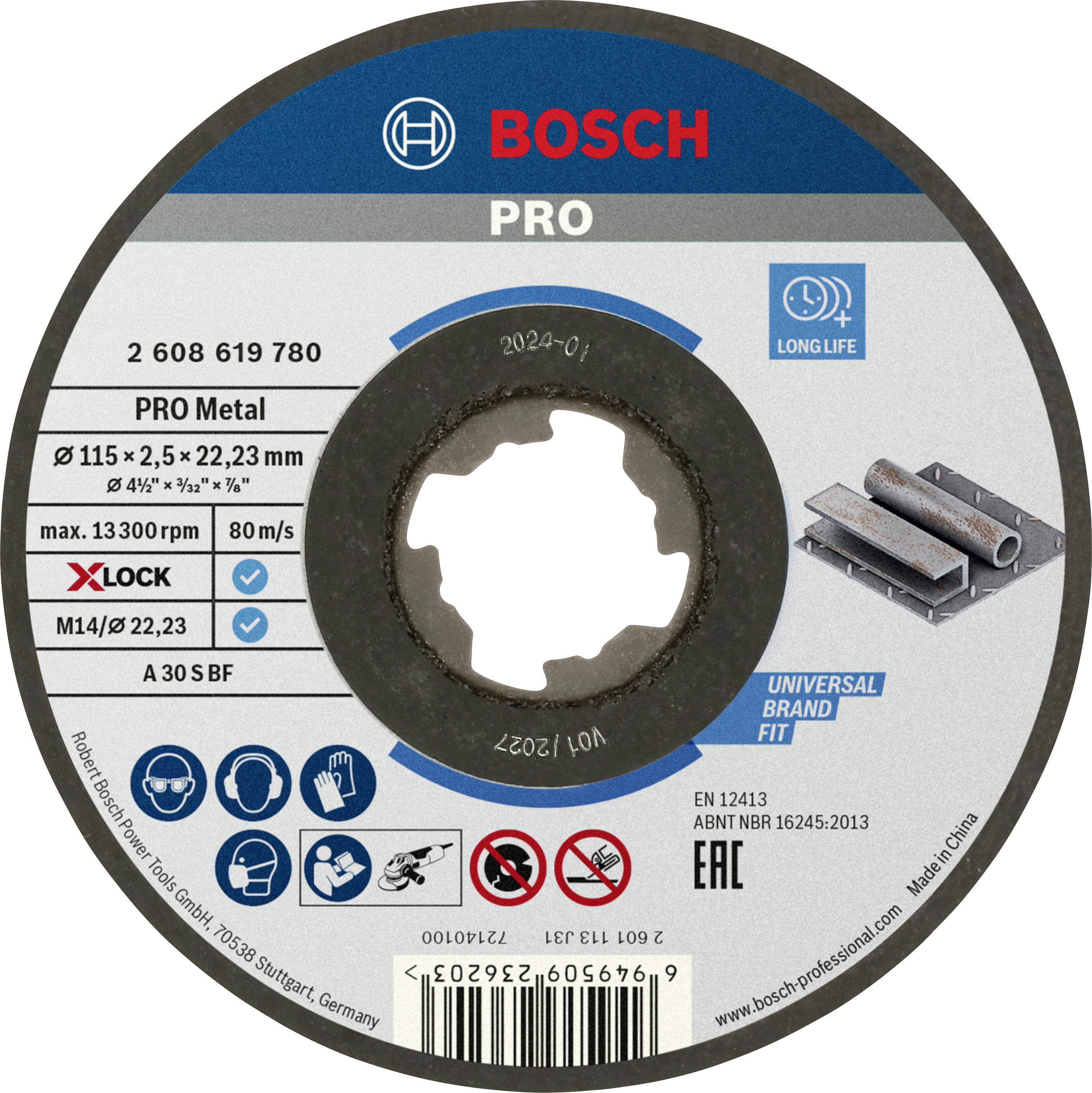 Disque de meulage avec logo Bosch, dimensions : 115x22,23 mm, 80 m/s, 13.300 tr/min, adapté pour le métal. Contient le symbole 'Long Life'.