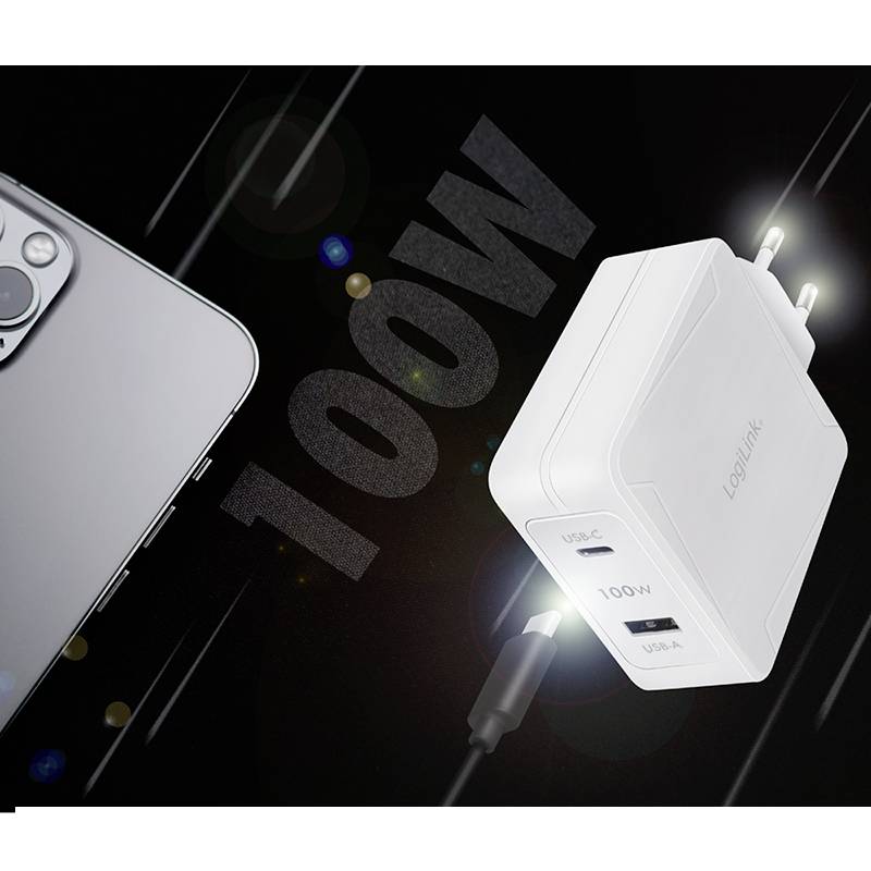Un chargeur moderne et un smartphone portant l'inscription '100W' ; indique la puissance du chargeur.