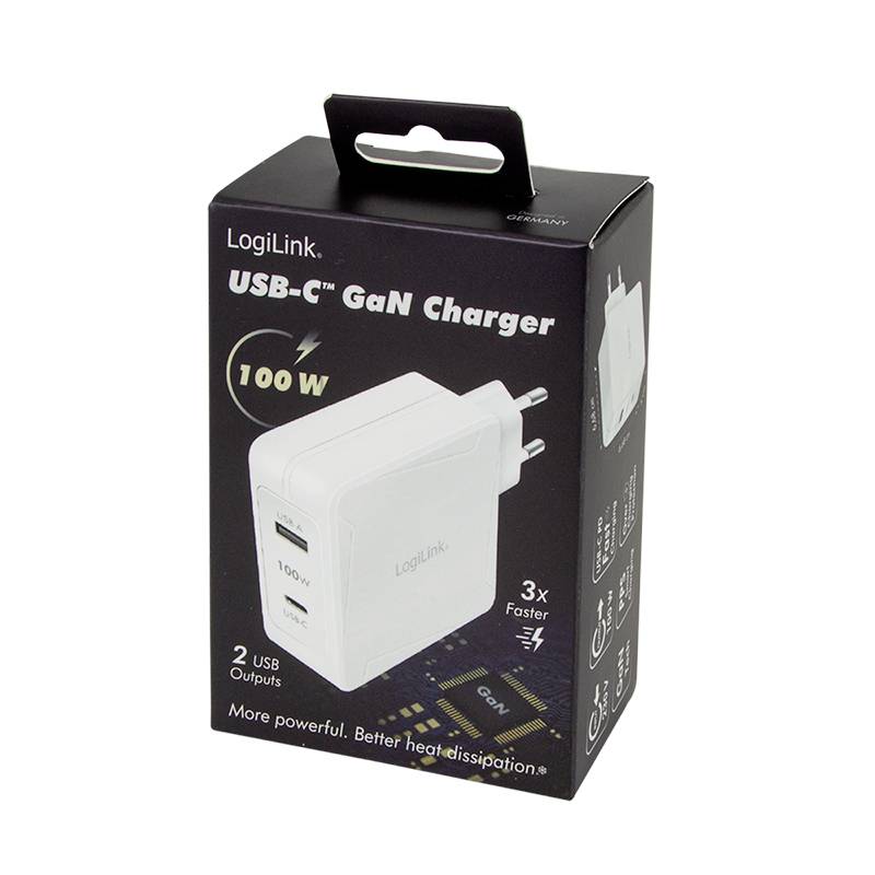 Emballage noire d'un chargeur USB-C GaN LogiLink de 100W. Présente un chargeur blanc avec deux ports USB et des indications sur ses avantages de performance.