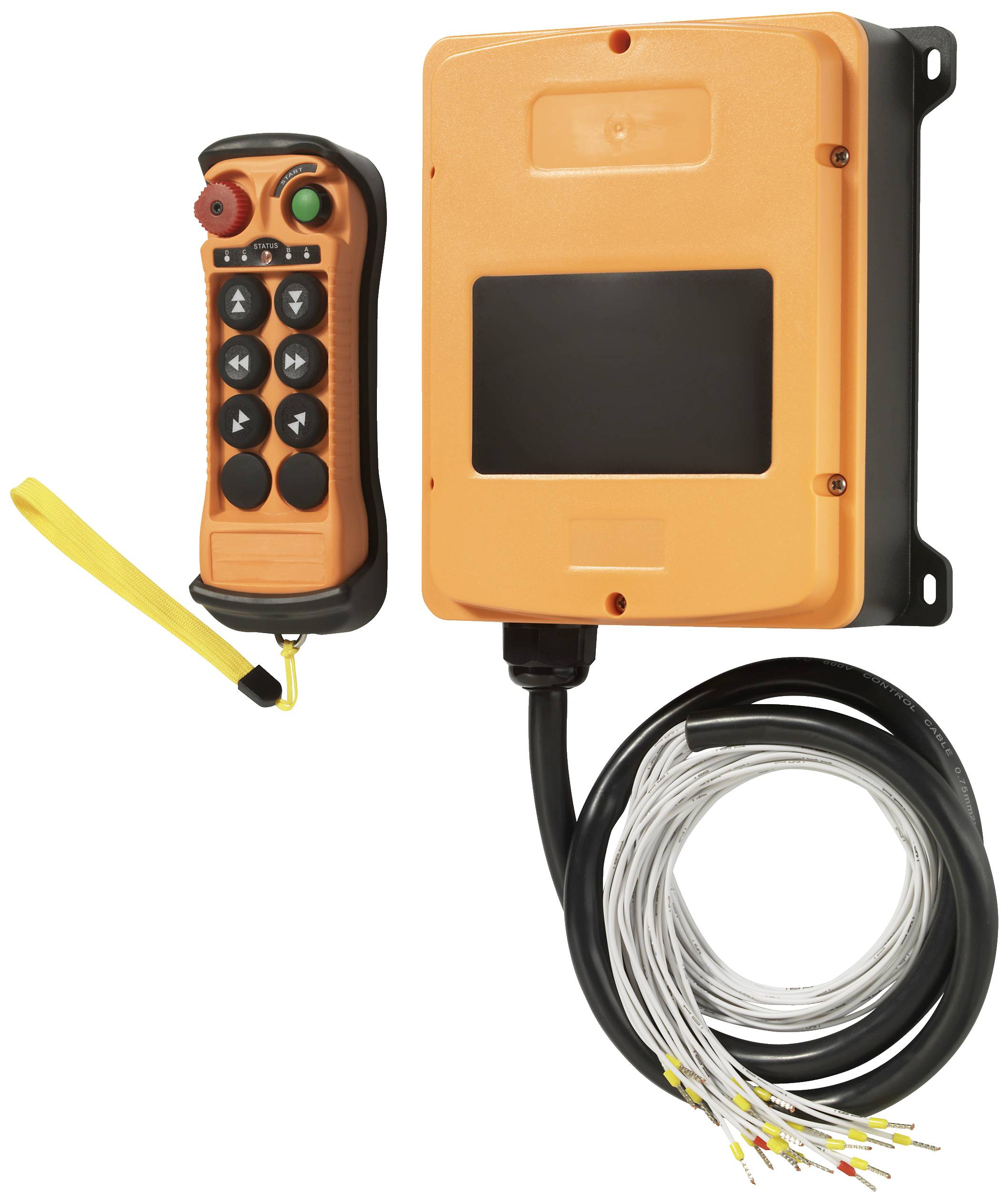 Un ensemble de télécommande orange avec plusieurs câbles et touches, probablement destiné à des commandes industrielles ou techniques.