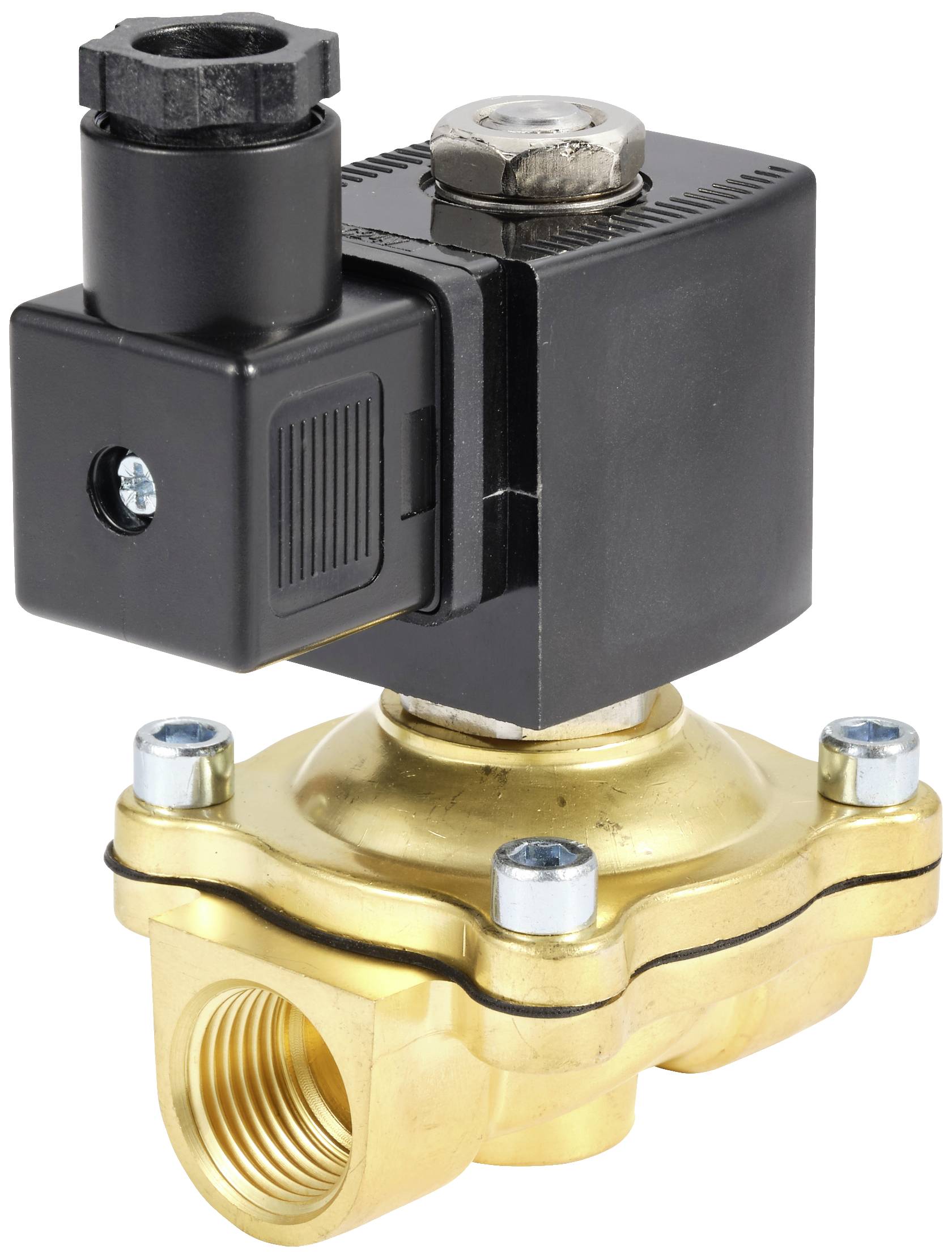 Une vanne magnétique dans un design industriel, boîtier noir avec un raccord de couleur or, utilisée pour le contrôle du flux de liquides ou de gaz.