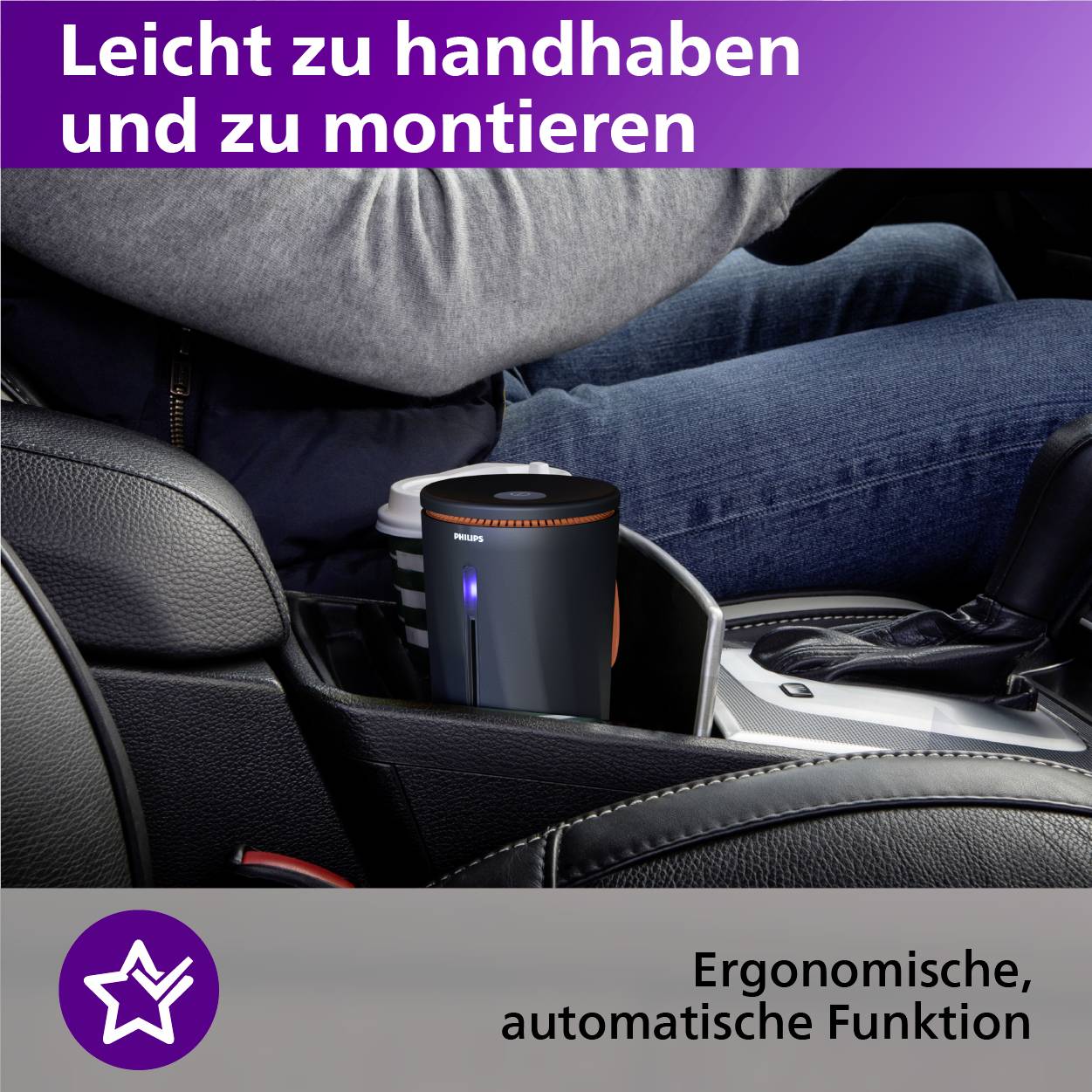 Personne tient un gobelet dans la console centrale d'une voiture. Texte en haut : 'Facile à manipuler et à installer'. En bas : 'Fonction ergonomique et automatique'.