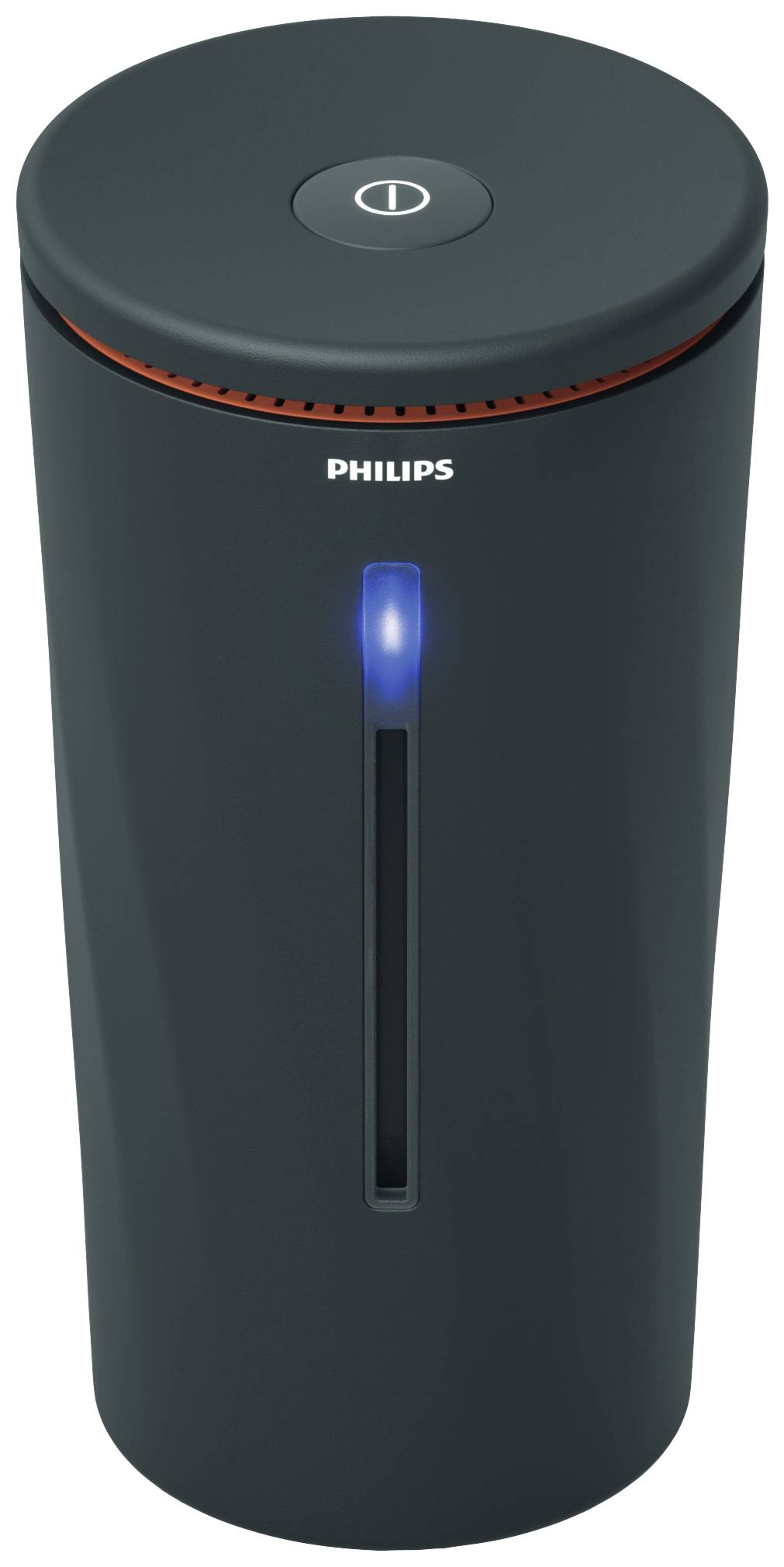 Un purificateur d'air noir, cylindrique, avec un éclairage LED bleu et le logo Philips sur le dessus.