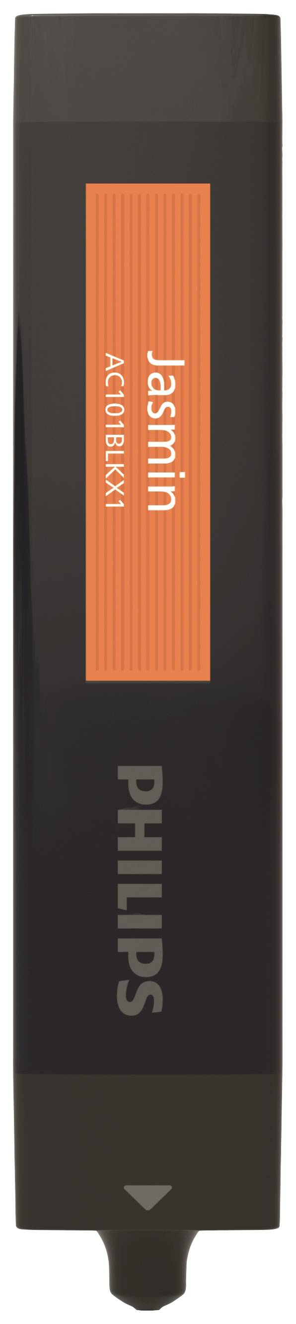 Emballage noir d'un étui de brosse à dents avec une étiquette orange portant les mentions 'Jasmin' et 'AC1070BL1X1', marque 'PHILIPS'.