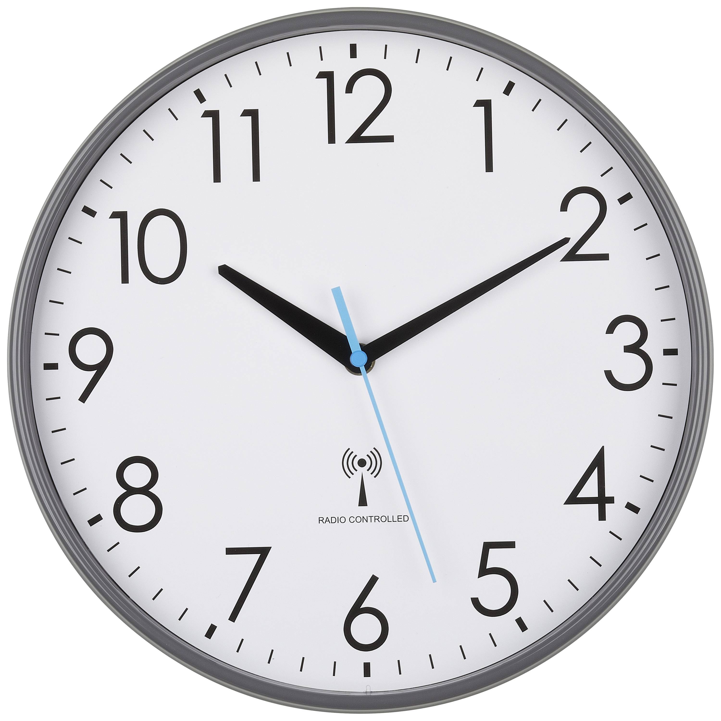 Une horloge analogique au bord gris affiche 14h10. L'aiguille des secondes est bleue, tandis que les aiguilles des heures et des minutes sont noires.