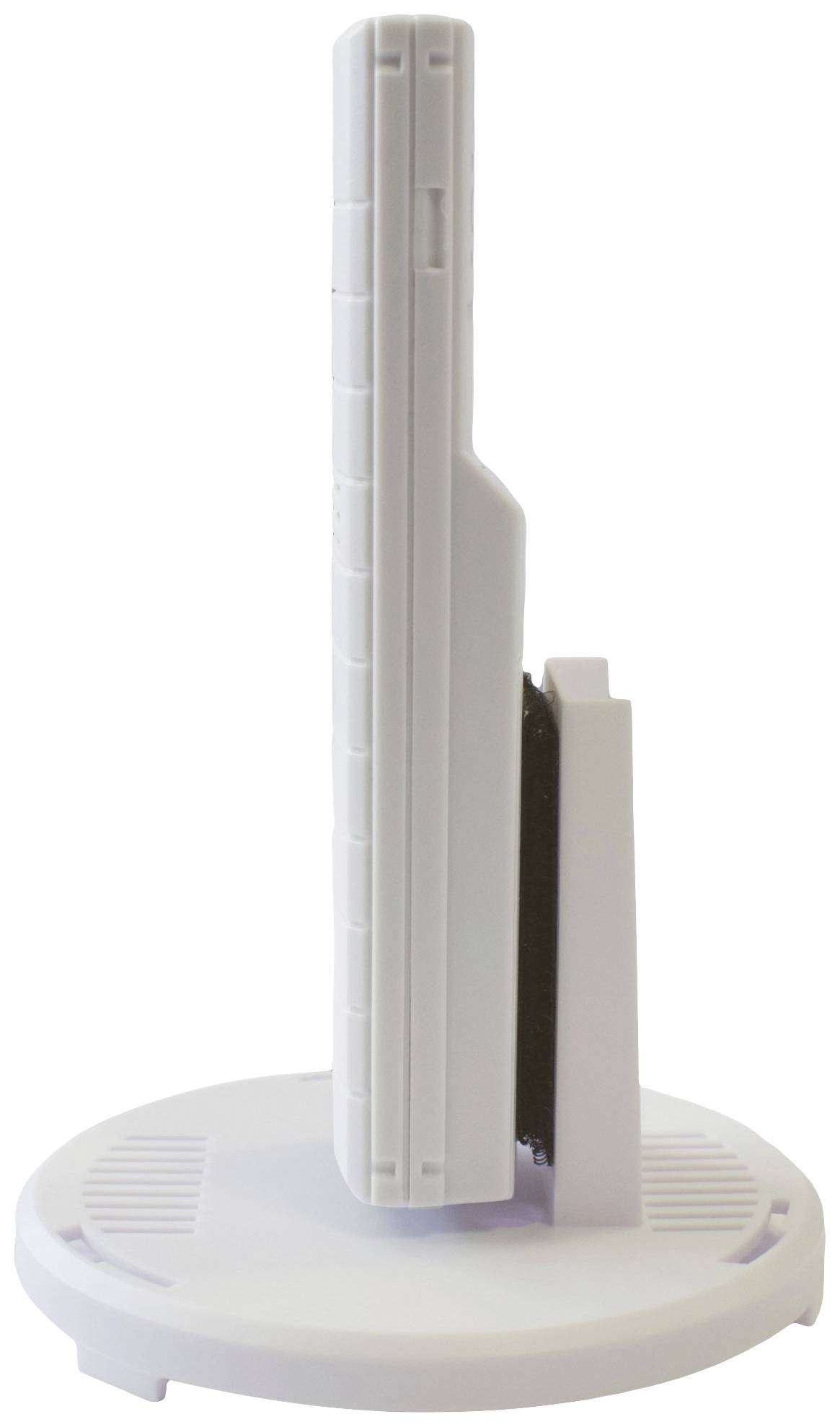 Un appareil électrique blanc vertical, vu de côté, reposant sur un socle rond, probablement un purificateur d'air.