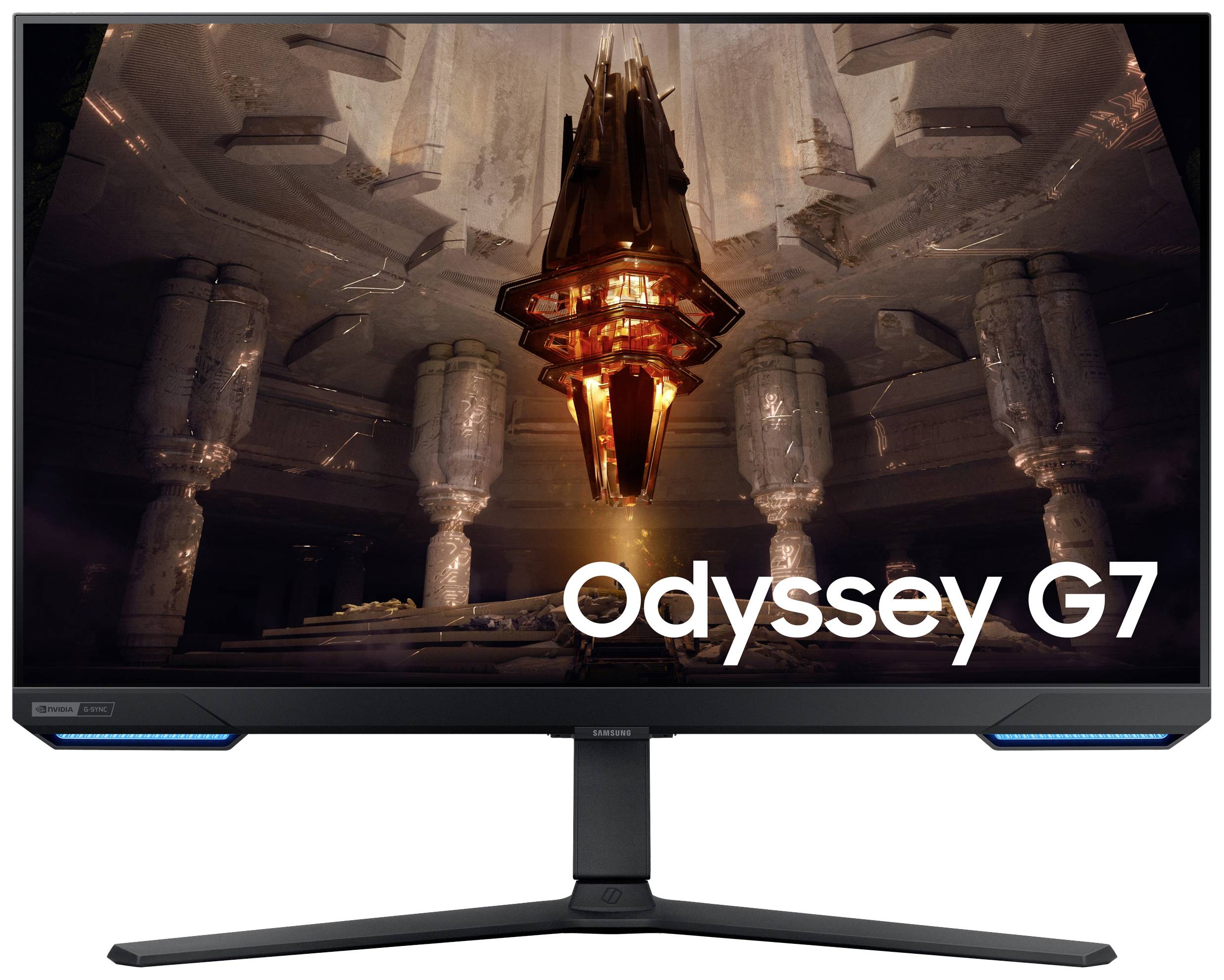 Un moniteur de jeu 'Odyssey G7' au design futuriste, avec un écran orange lumineux ; l'environnement semble inspiré par la science-fiction.